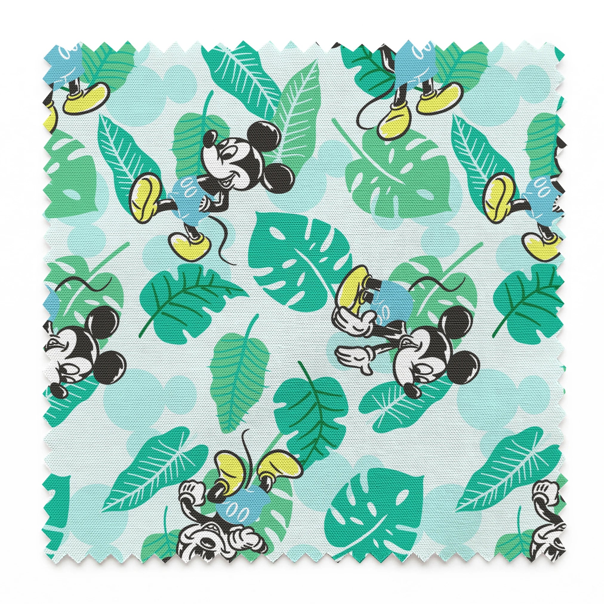 Colorful pattern with cartoon mice characters and tropical green leaves on a light blue background springs swatch pinked