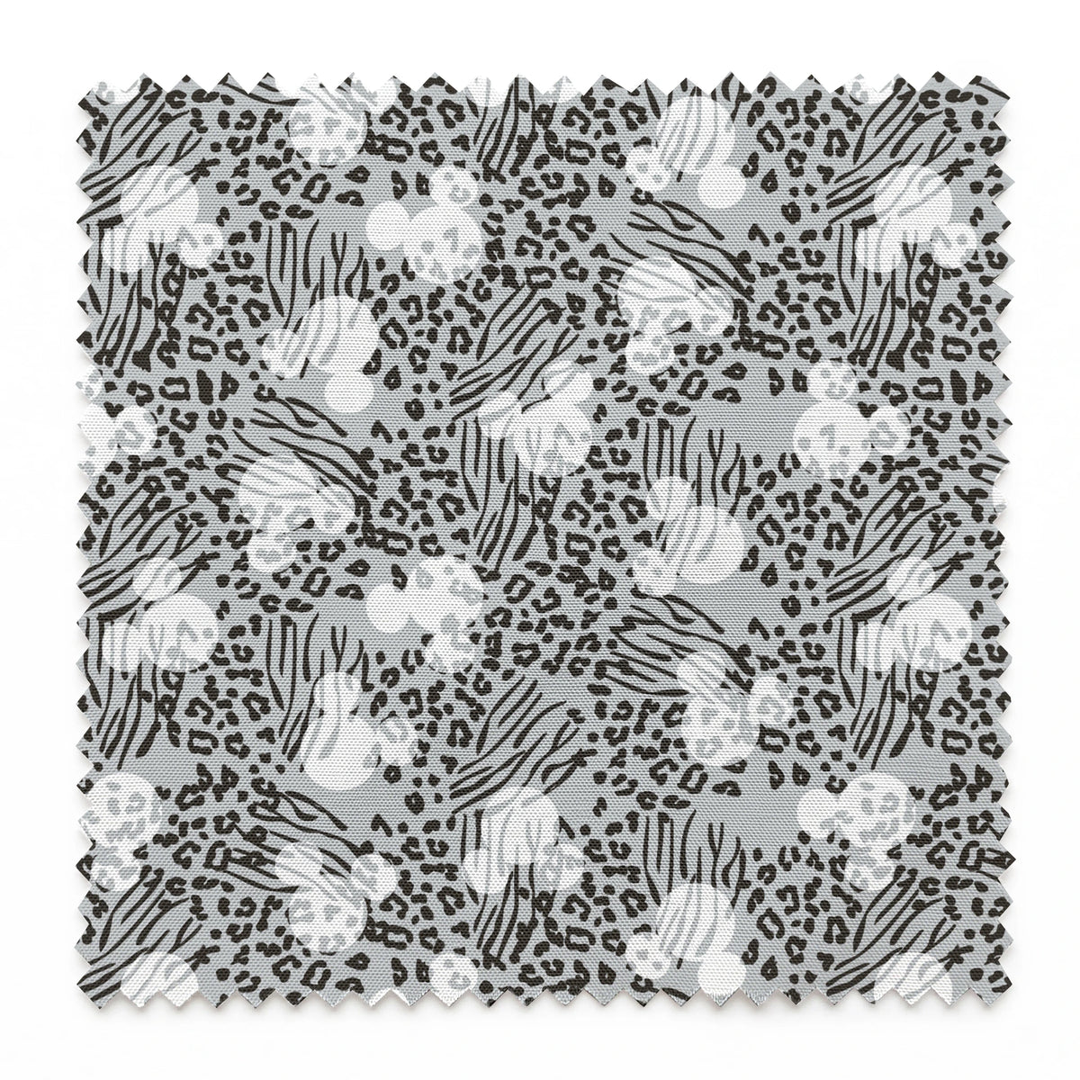 Animal print pattern with zebra stripes and leopard spots in black and white on gray background springs swatch pinked