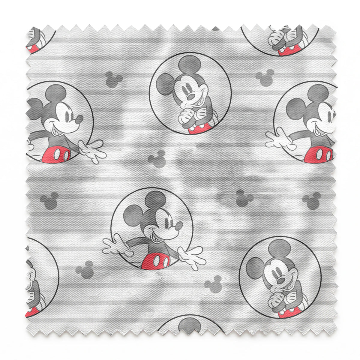 Mickey Mouse pattern on gray striped background with circular character portraits in red, black, and white springs swatch pinked