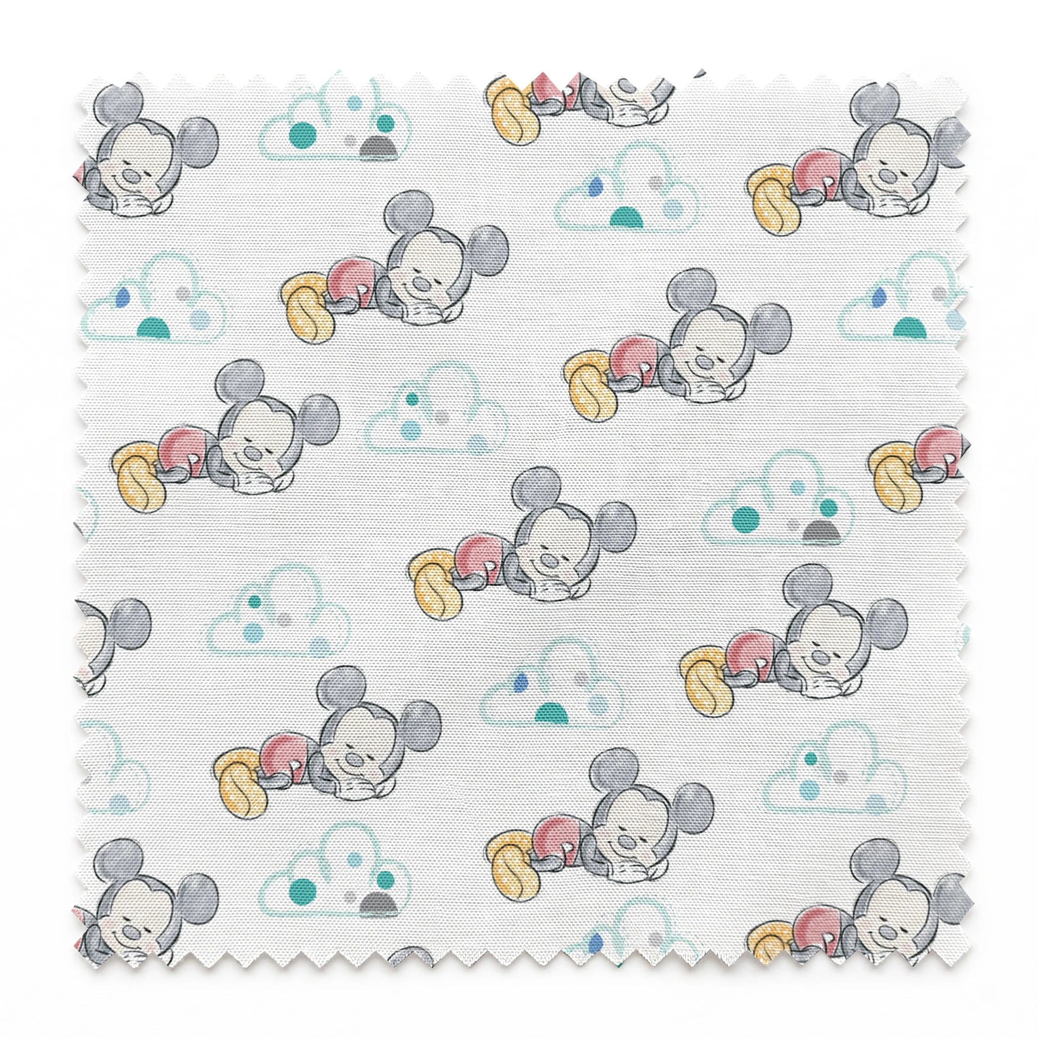 Cute cartoon mouse characters sleeping peacefully on white background with mint green clouds pattern springs swatch pinked