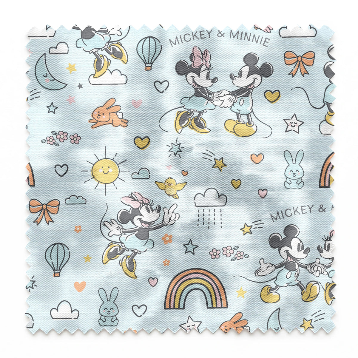 Playful Disney pattern with classic cartoon characters, rainbows, hearts, and whimsical elements on light blue background. springs swatch pinked