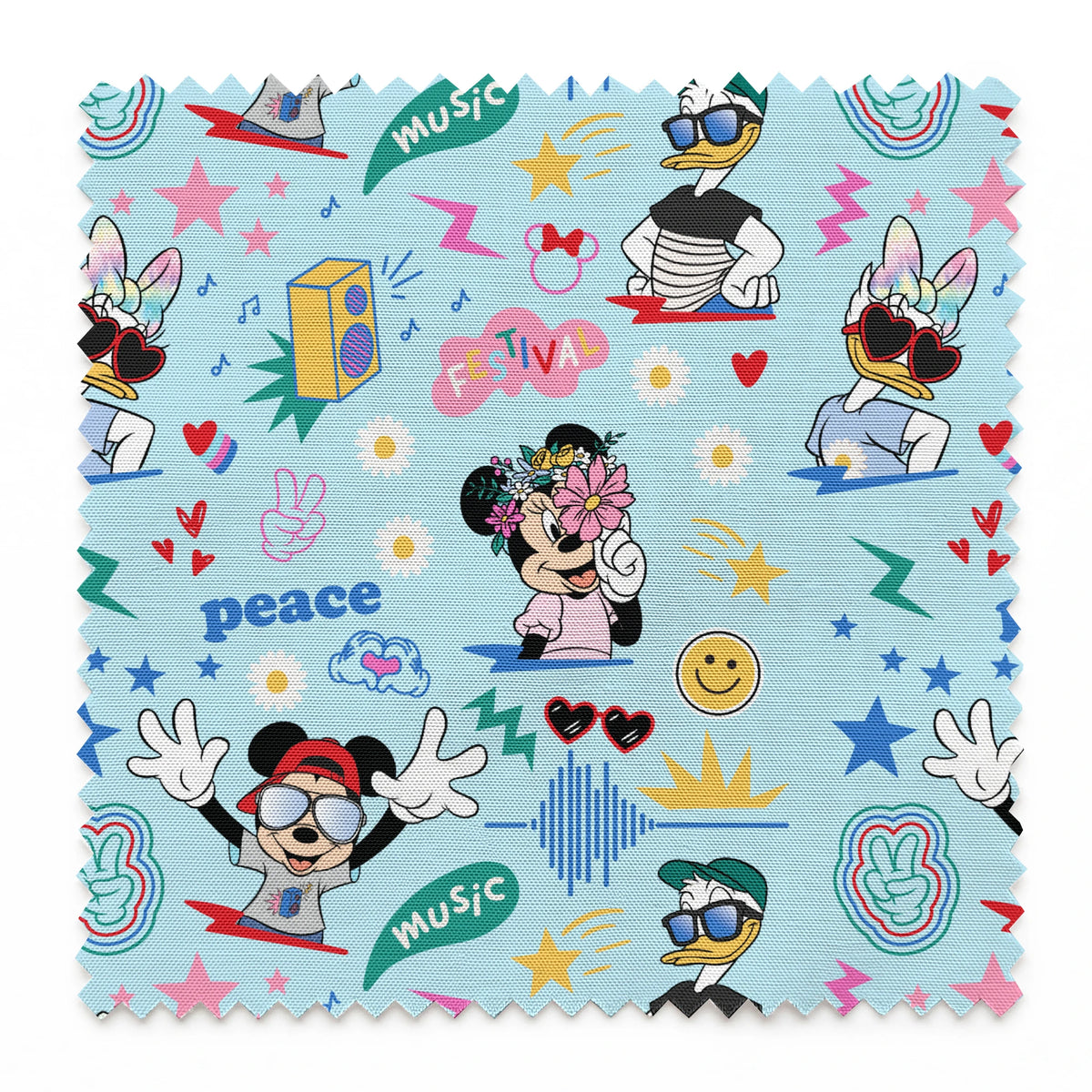 Colorful cartoon pattern with Disney characters, peace signs, stars, and music motifs on light blue background. springs swatch pinked