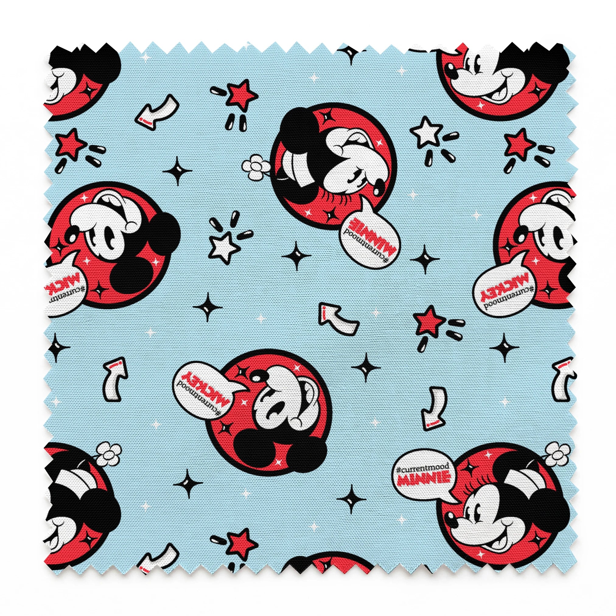 Disney Mickey Mouse pattern with red circular emblems on light blue background with stars and arrows springs swatch pinked