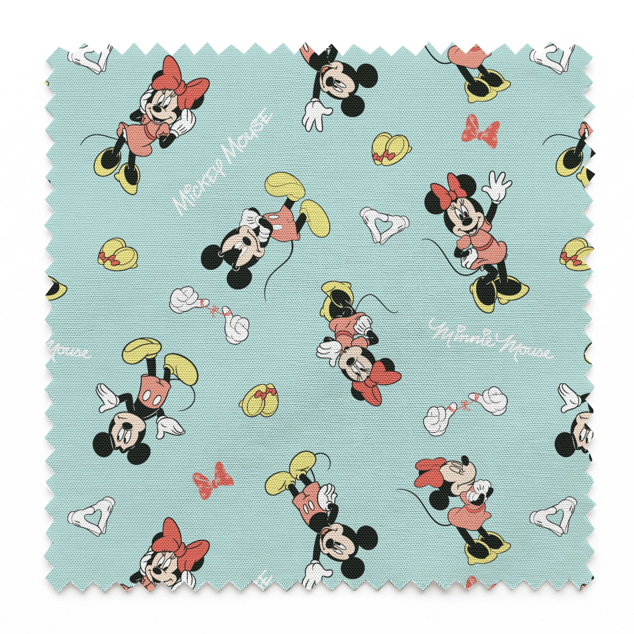 Mickey and Minnie Mouse pattern on light turquoise background with scattered characters, bows, and gloves springs swatch pinked