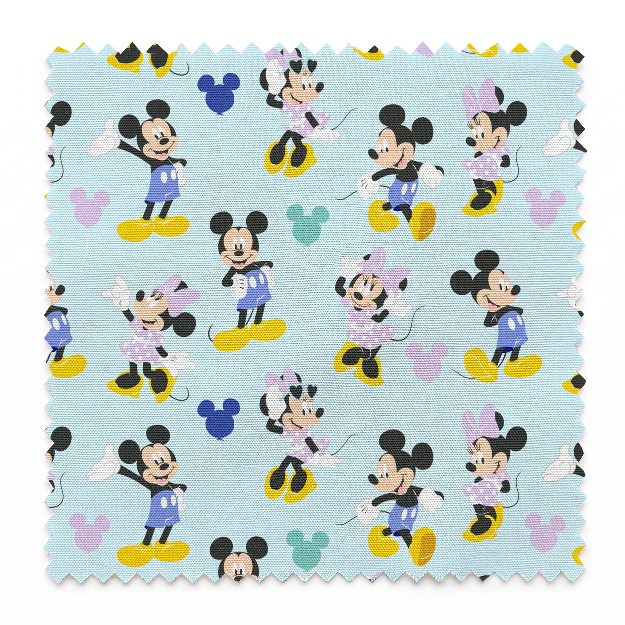 Pattern of Mickey and Minnie Mouse characters in various poses on light blue background springs swatch pinked