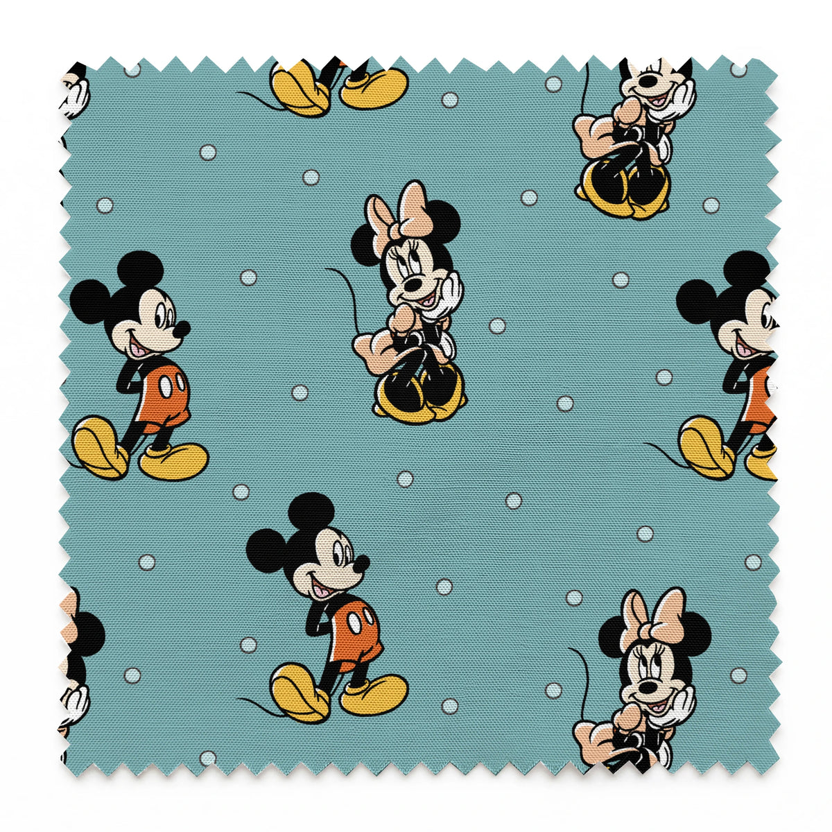 Cartoon pattern of Mickey and Minnie Mouse characters on light blue background with white dots springs swatch pinked