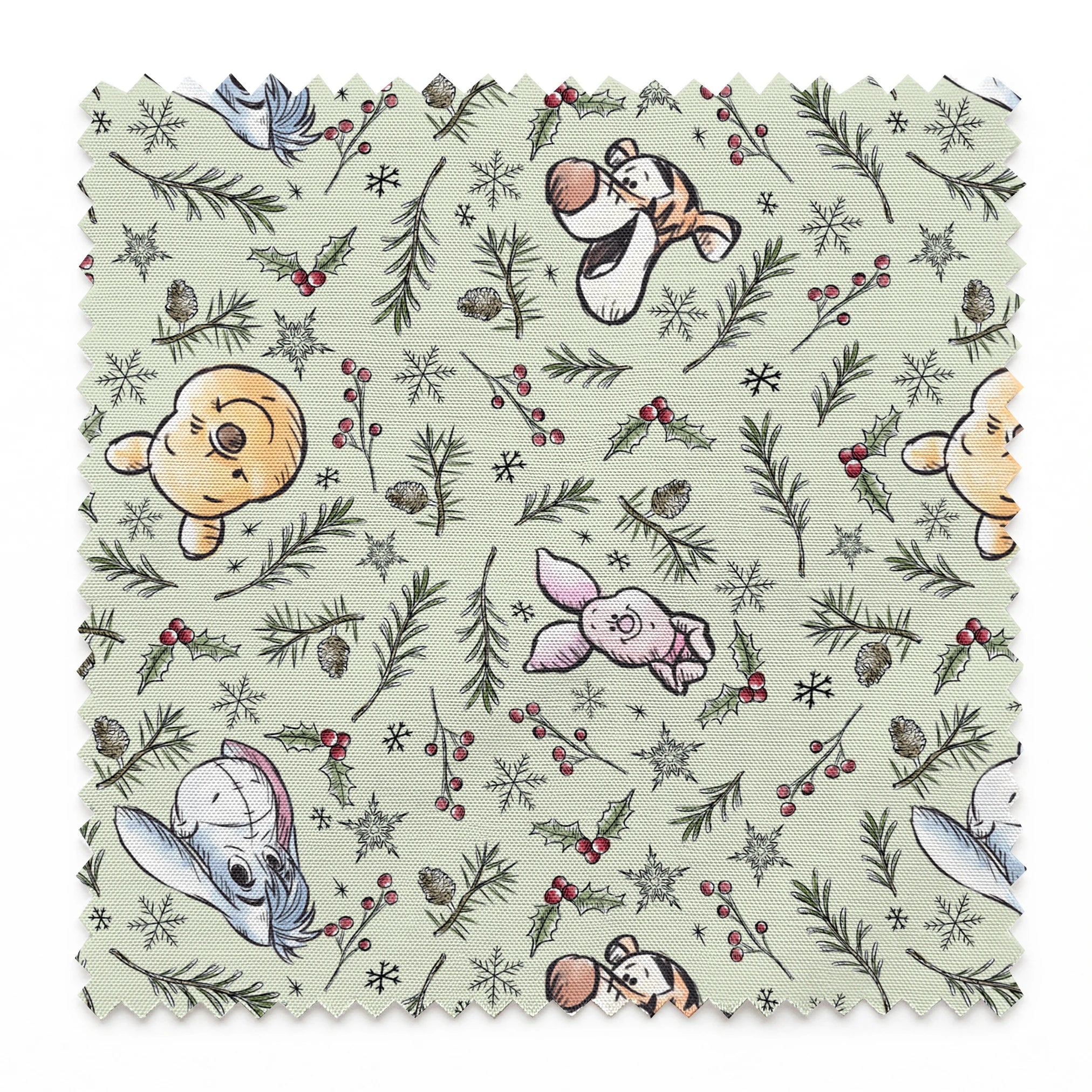 Whimsical holiday pattern with cartoon animals, pine branches, berries, and snowflakes on mint green springs swatch pinked
