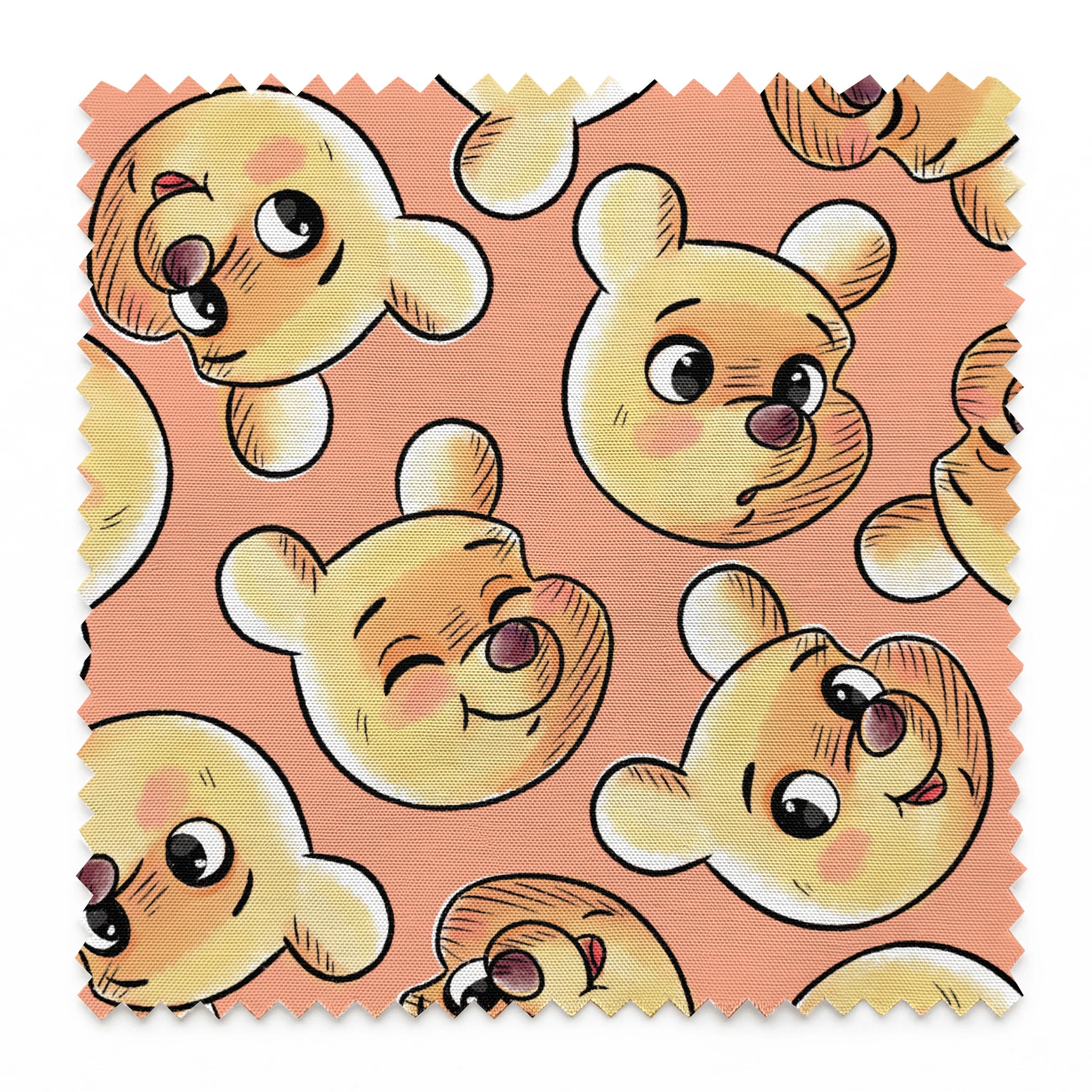 Cartoon teddy bear faces with cute expressions on peach background in repeating pattern springs swatch pinked