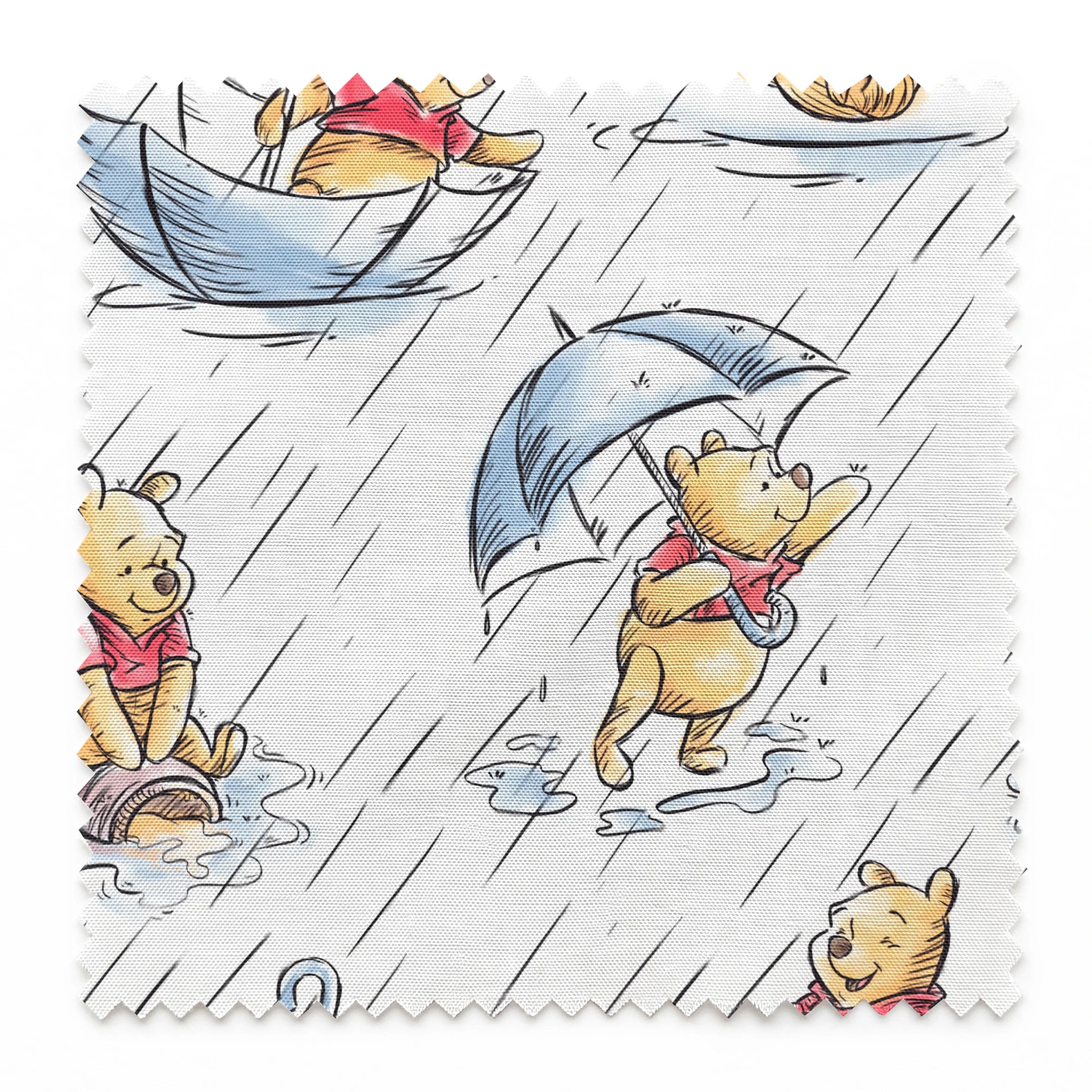 Small bear characters in a rainy scene - some holding umbrellas, others in paper boats, wearing red shirts springs swatch pinked