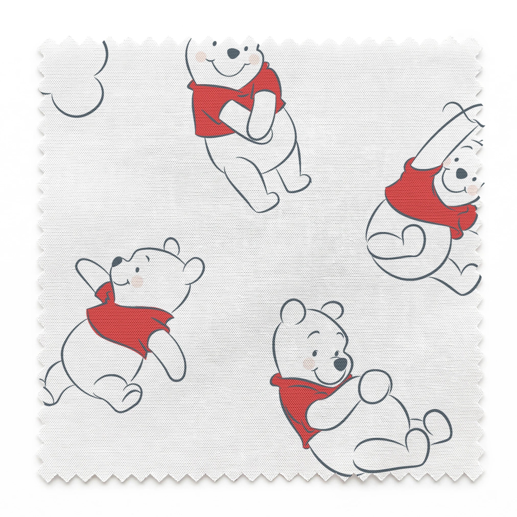 Illustration pattern of Winnie the Pooh in different poses wearing a red shirt on white background springs swatch pinked