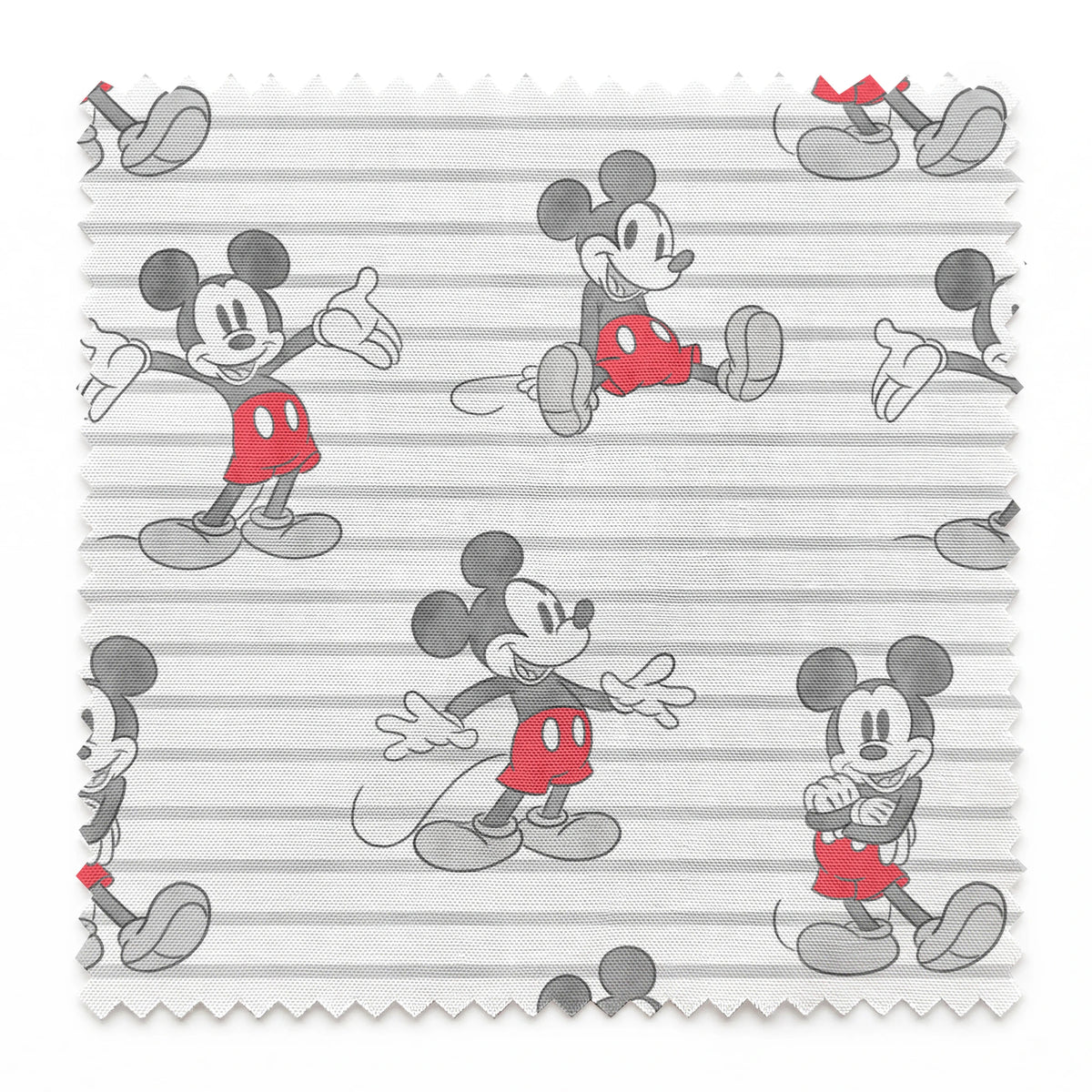 Mickey Mouse cartoon characters in various poses on gray and white striped background springs swatch pinked