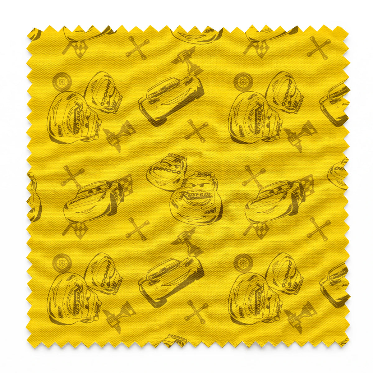 Yellow background with cartoon race cars, tires, and tool icons in a repeating pattern design springs swatch pinked