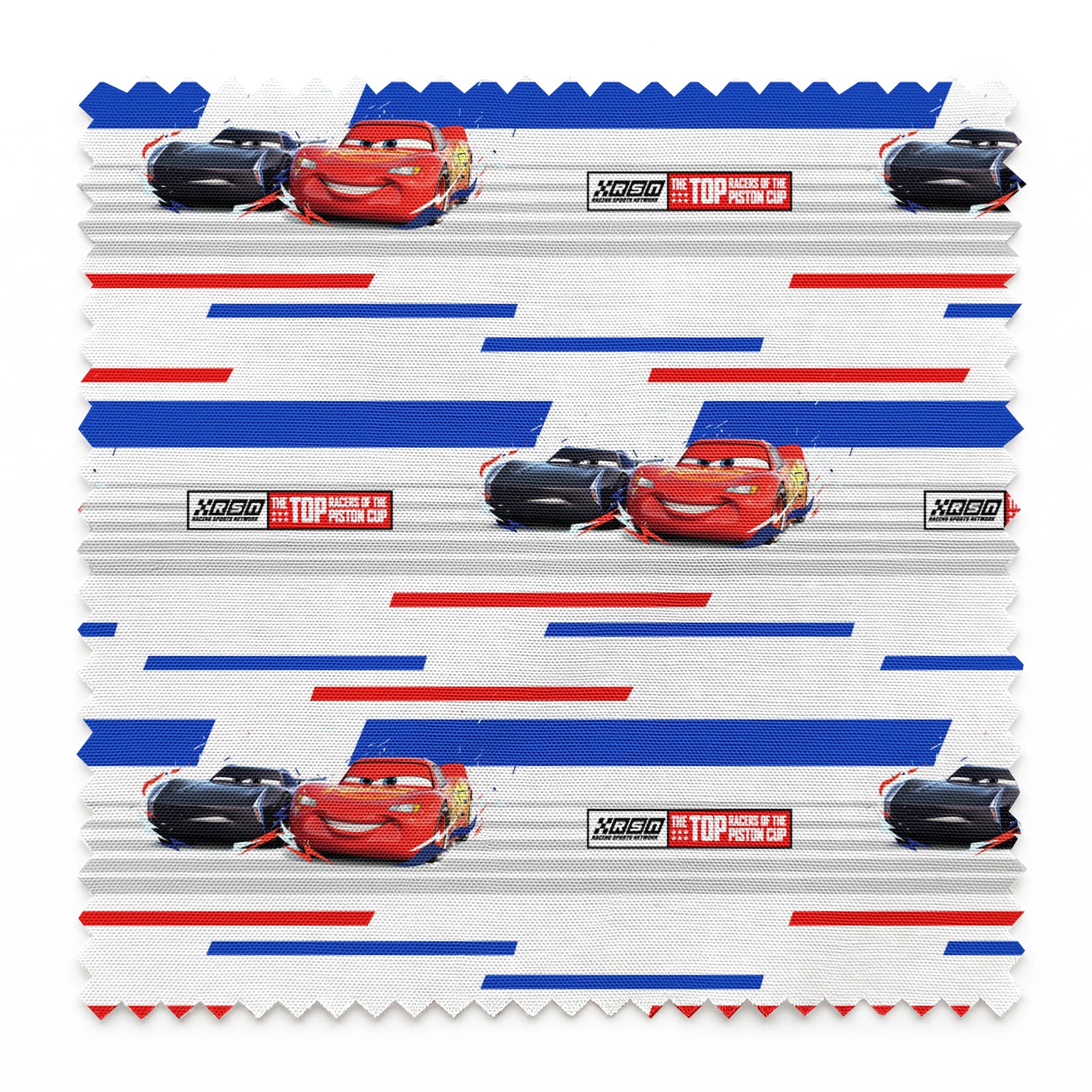 Red and black race cars from Disney Pixar's Cars movie on striped blue, white, and red background with XSpeed logo springs swatch pinked