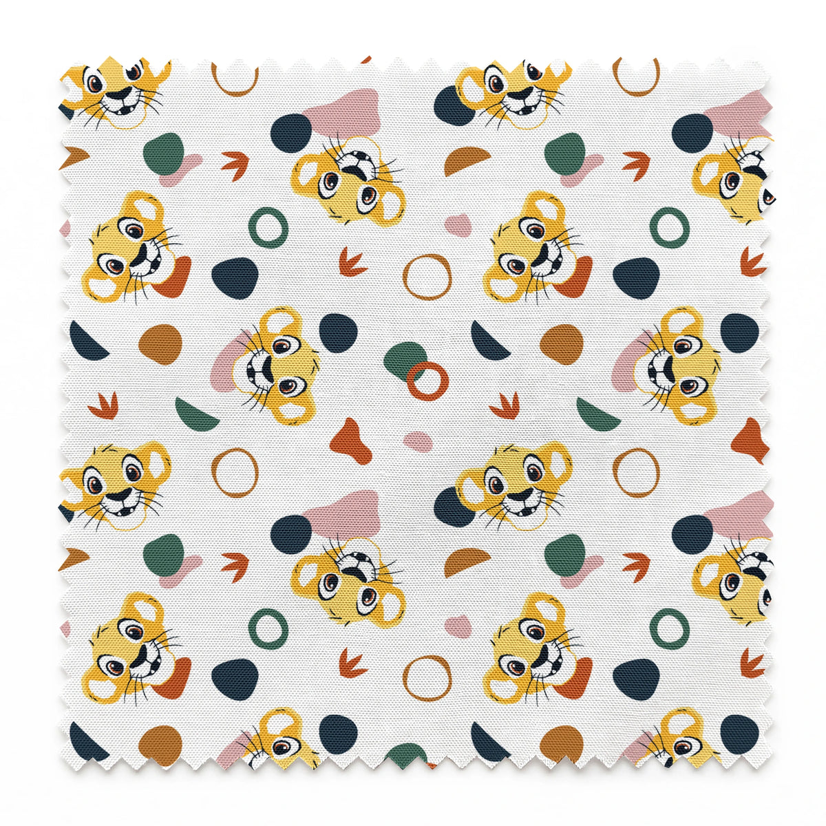 Cute Lion King characters with colorful abstract shapes in pink, teal, brown, and navy on white springs swatch pinked