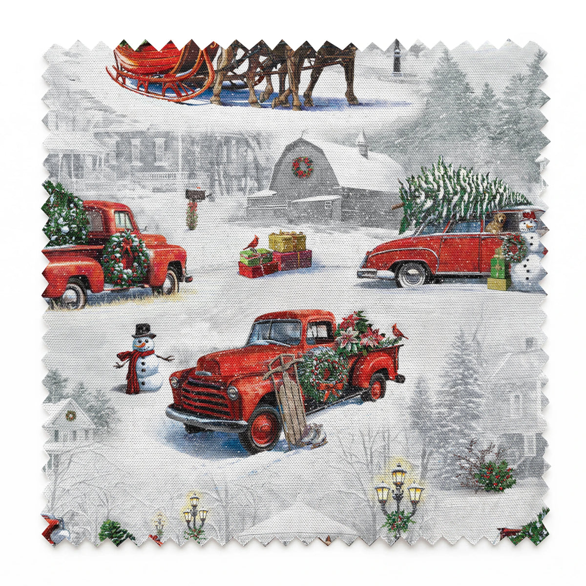 Christmas pattern with vintage red trucks, horse-drawn sleighs, and pine trees in snowy winter landscape springs swatch pinked