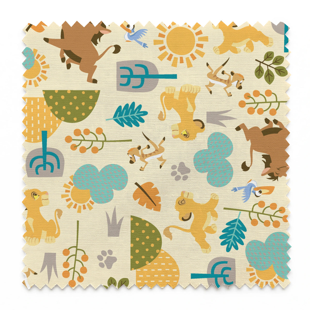 Playful Lion King pattern with brown bears, yellow puppies, blue clouds, stylized trees, and sun motifs on cream background springs swatch pinked