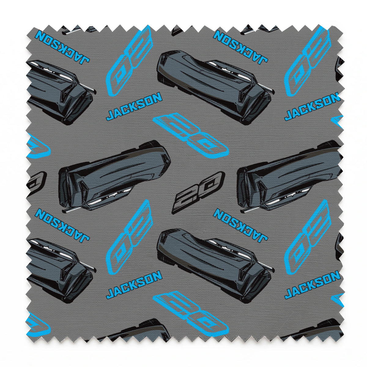 Dark gray background with scattered black car parts and blue "JACKSON" text and stylized logos in a repeating pattern springs swatch pinked