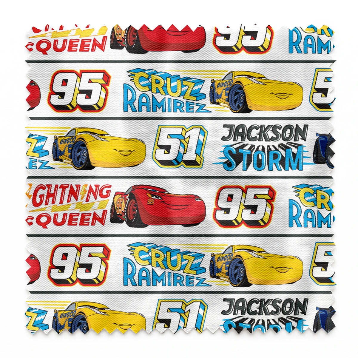 Disney Cars character ribbon with Lightning McQueen 95, Cruz Ramirez 51, and Jackson Storm 20 repeated pattern springs swatch pinked