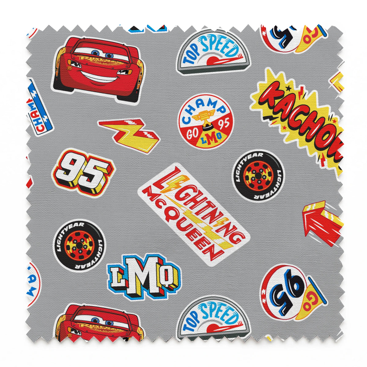 Colorful Disney Cars movie stickers featuring Lightning McQueen, racing logos, and numbers on gray background springs swatch pinked