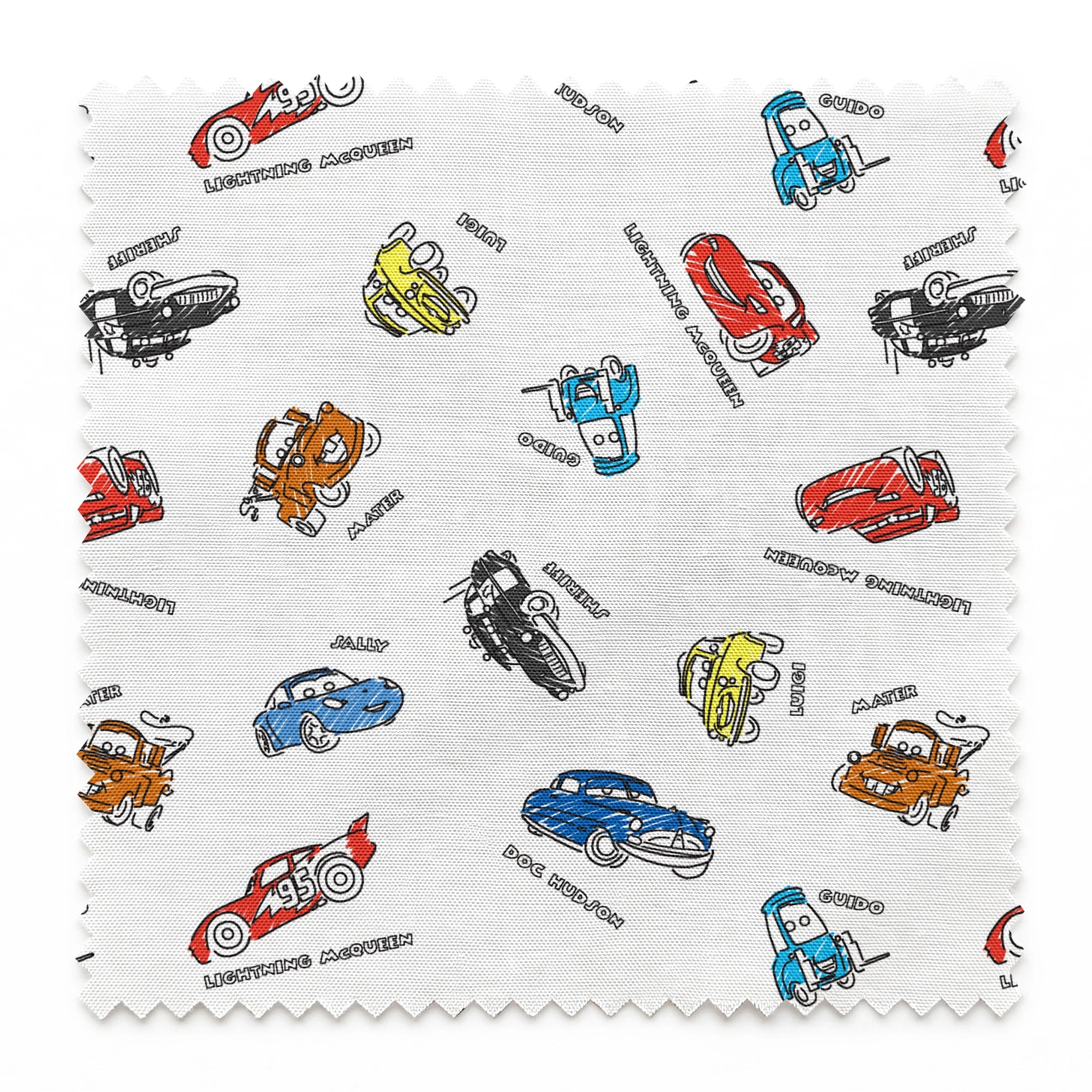 Colorful cartoon race cars in various colors scattered on white background with small text labels springs swatch pinked