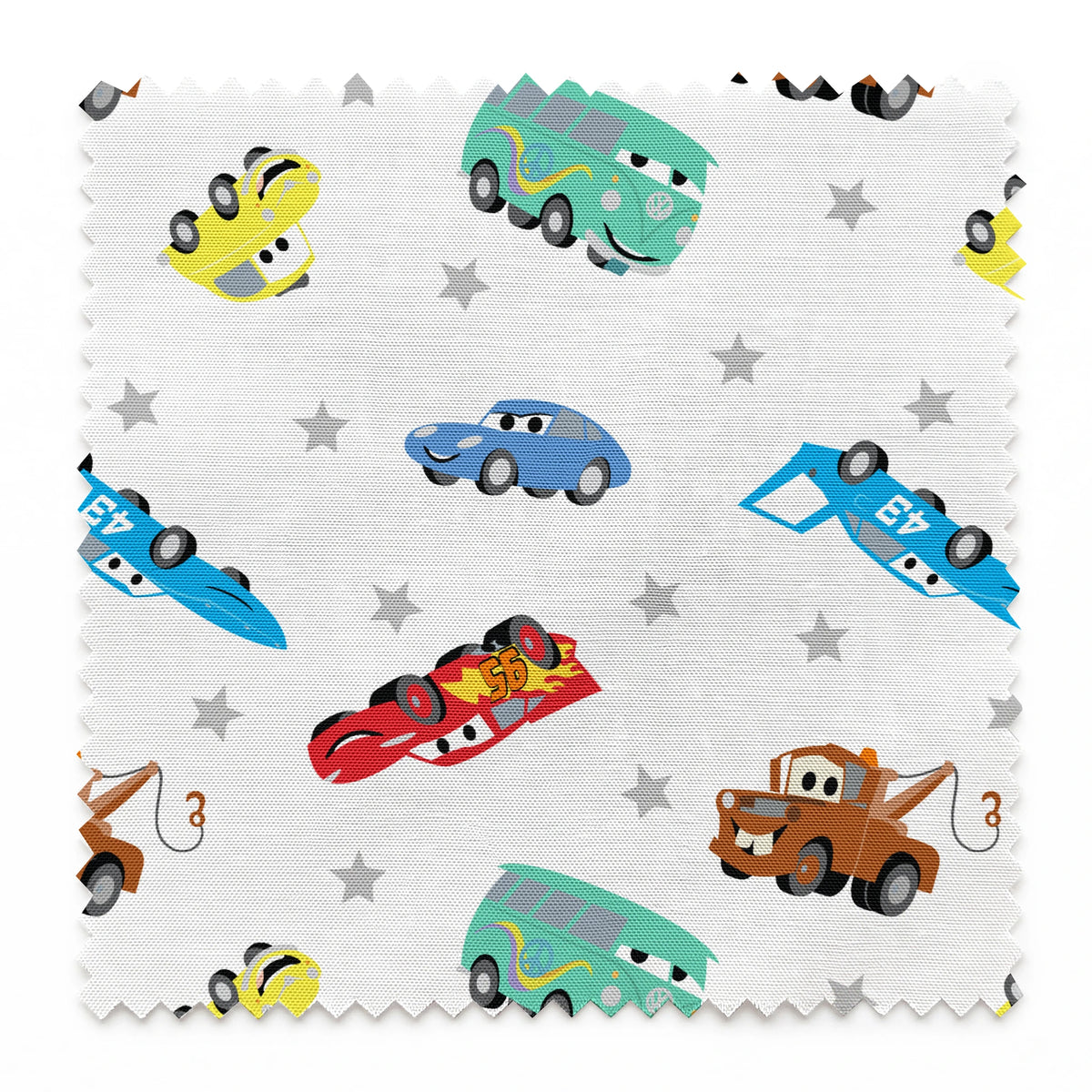 Cartoon vehicles pattern with colorful cars, trucks, and racing cars on white background with gray stars springs swatch pinked
