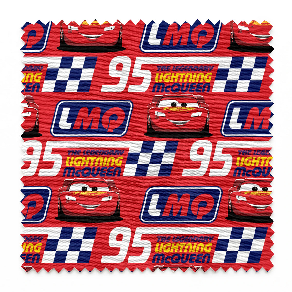 Colorful red racing pattern with "95" numbers, "Lightning" text, checkered flags, and blue "LMC" logos springs swatch pinked