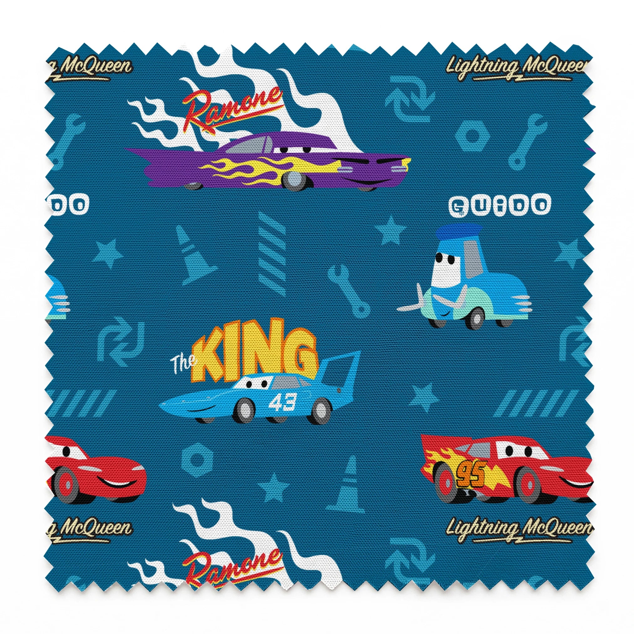 Disney Cars pattern featuring Lightning McQueen, Ramone's purple car with flames, and The King 43 on blue background with racing icons springs swatch pinked