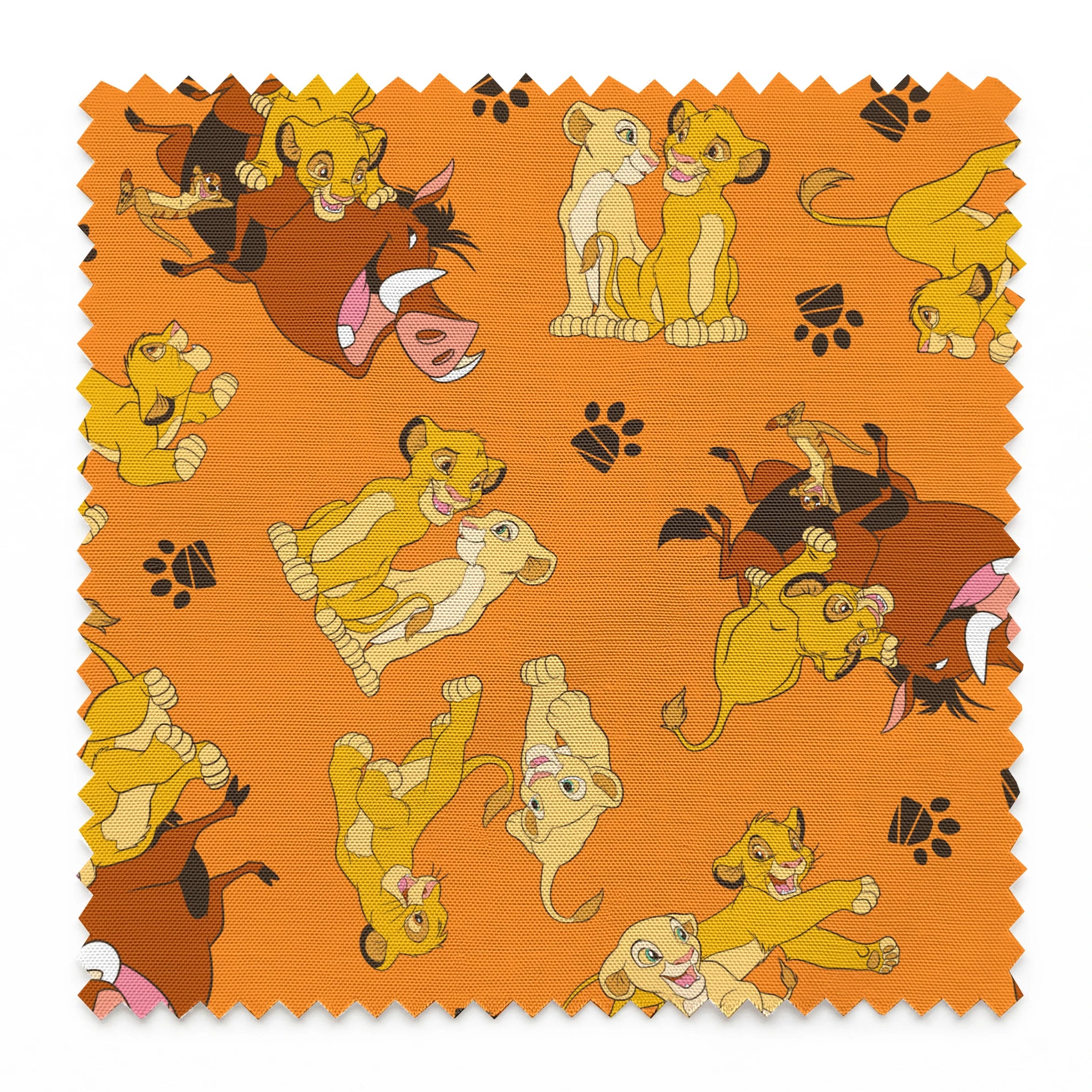 Playful pattern of cartoon cubs in yellow and brown poses on bright orange background with pawprints springs swatch pinked