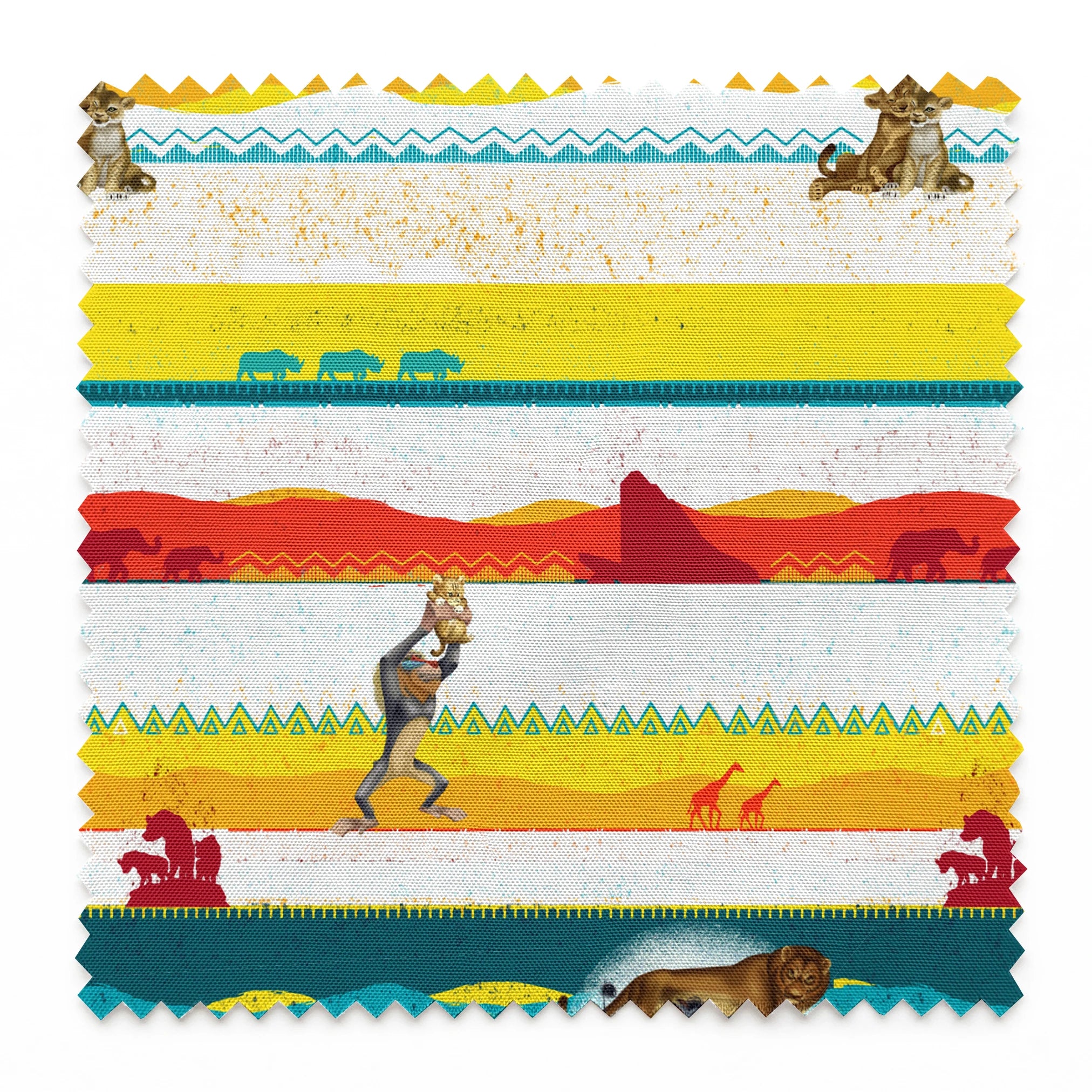 Colorful horizontal striped pattern featuring wildlife silhouettes including lion, elephant, and animals in savanna landscapes. springs swatch pinked