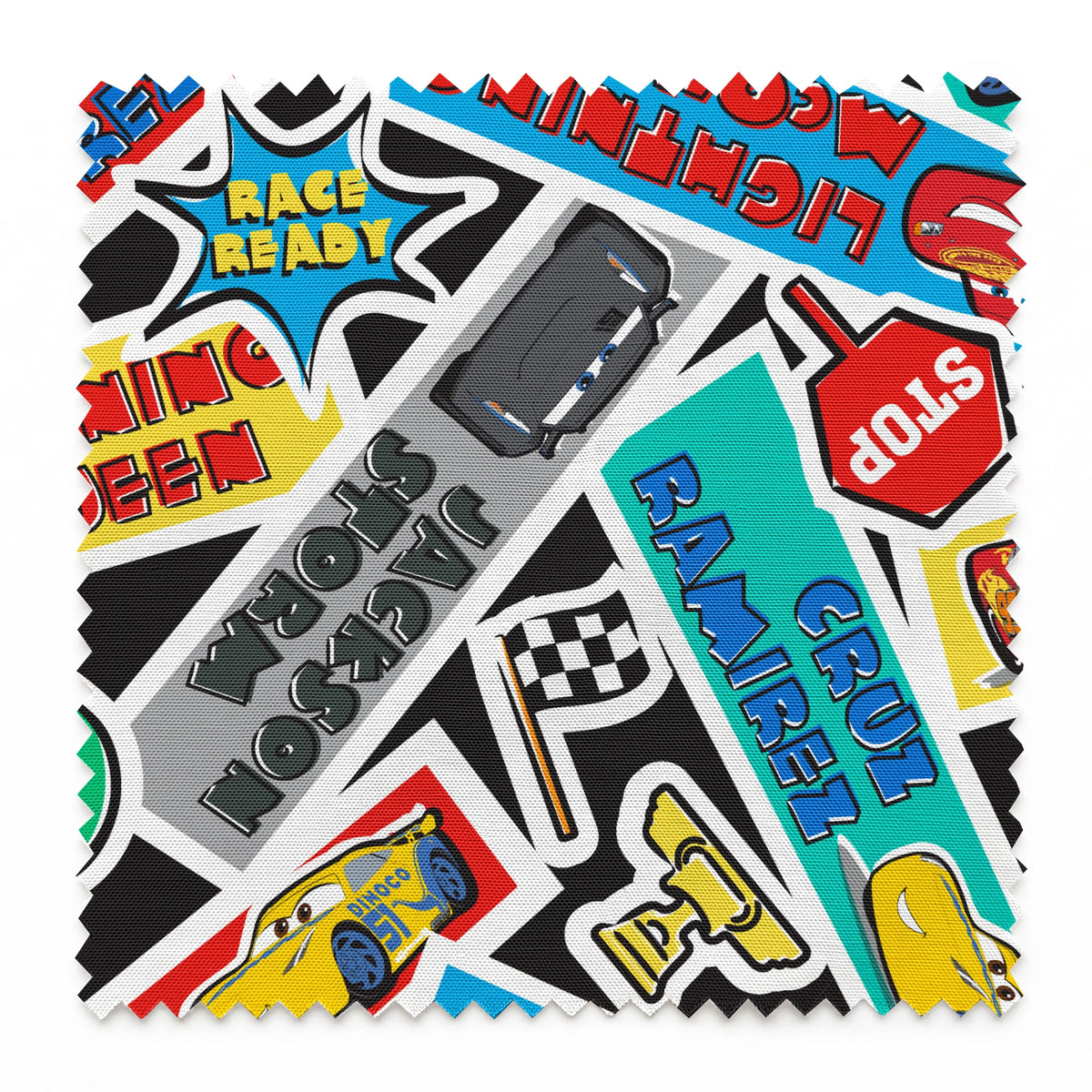 Colorful Cars movie stickers featuring Lightning McQueen, racing themes, and car motifs in vibrant colors. springs swatch pinked