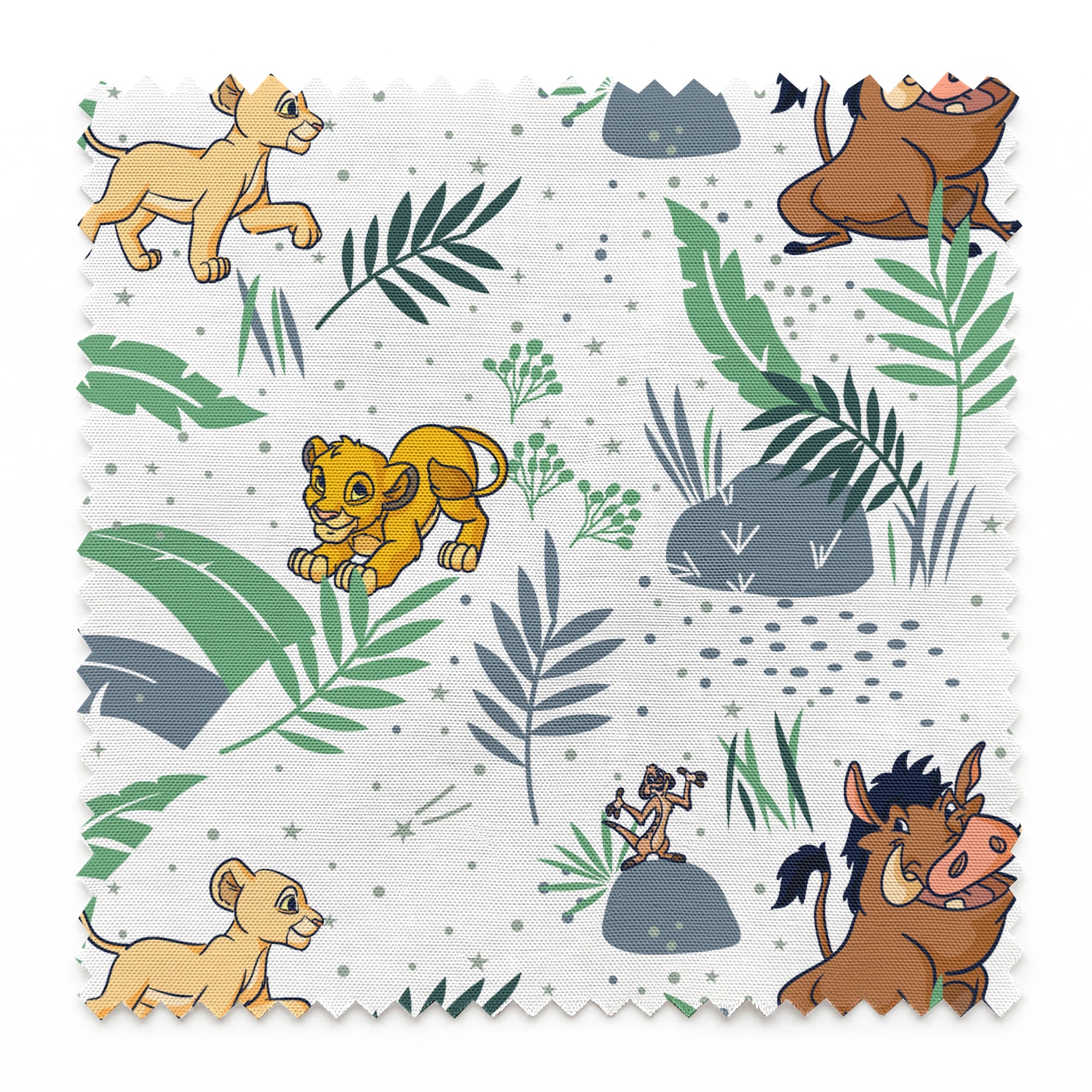 Cartoon lion cubs playing among tropical leaves and plants in green and blue tones on white background springs swatch pinked