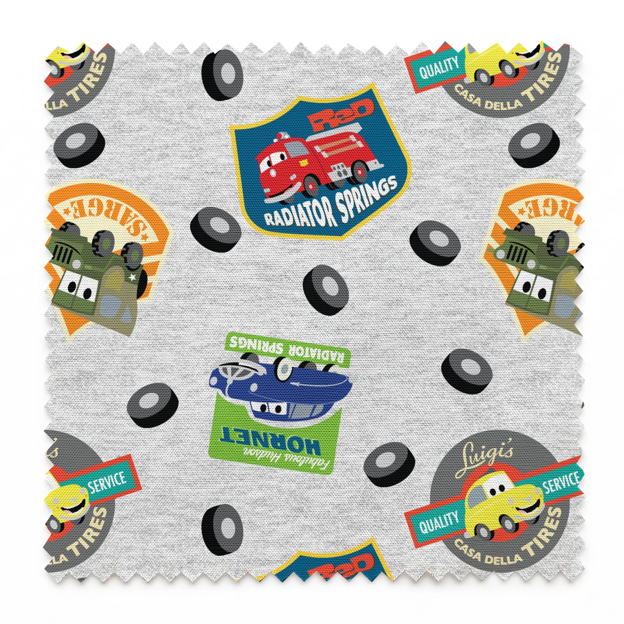 Cartoon vehicle characters on gray fabric with badges for Radiator Springs, Luigi's, and Sarge's springs swatch pinked