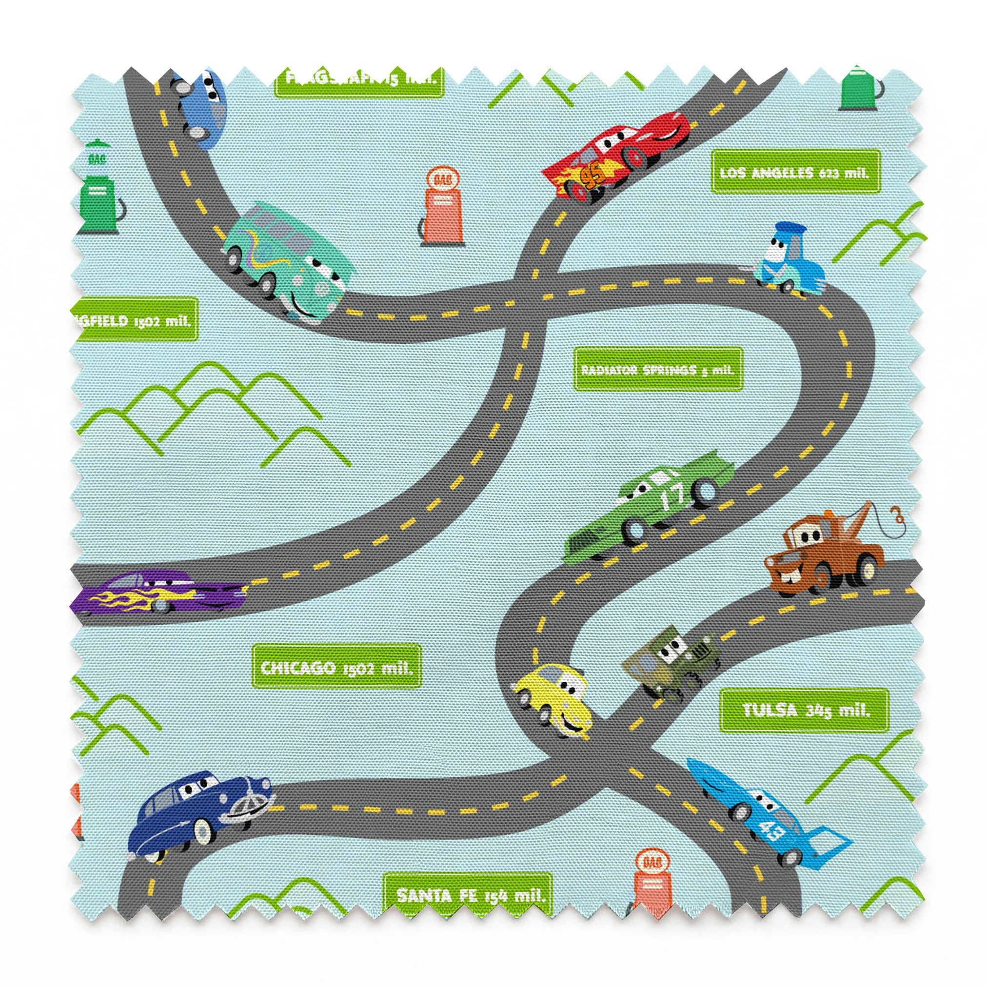 Cars from "Cars" movie on winding road with green speech bubbles showing different car brands and gas stations. springs swatch pinked