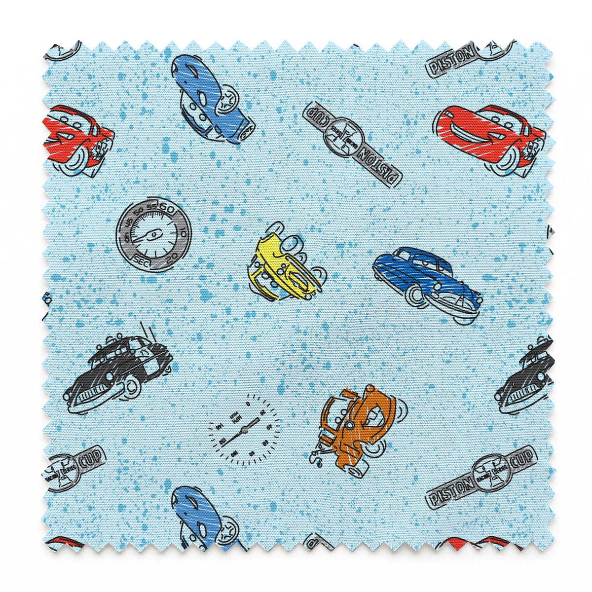 Colorful cartoon cars and watches scattered on a light blue speckled background pattern springs swatch pinked