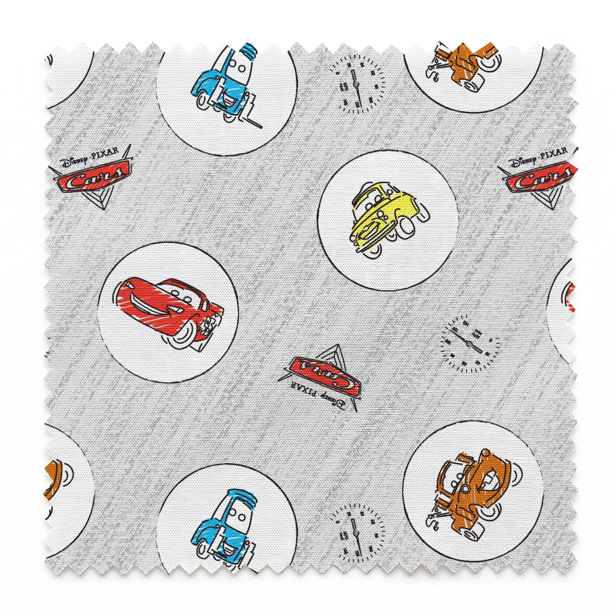 Cartoon Cars movie characters in white circles on a light gray sketched background with Cars logos springs swatch pinked