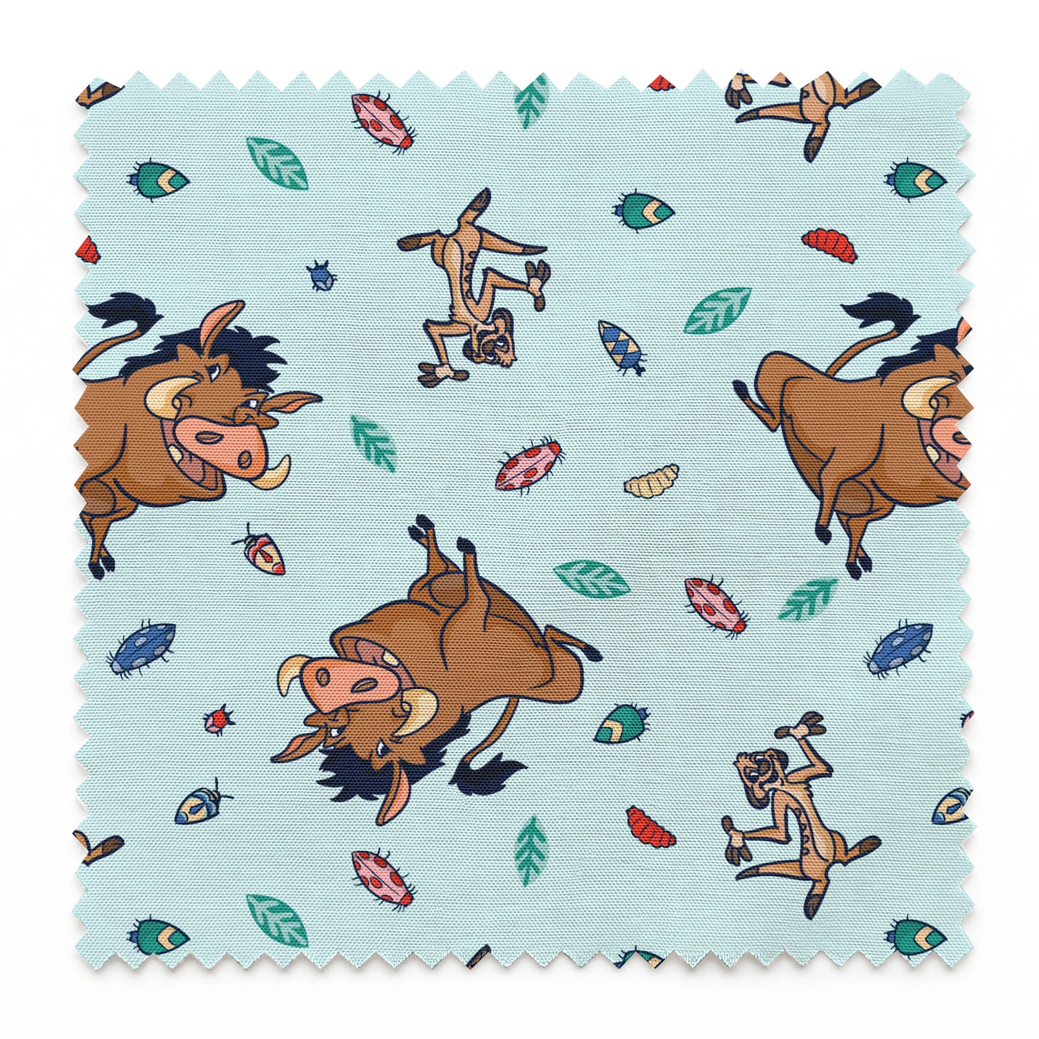 Lion King characters and colorful leaves scattered on light blue background in playful pattern springs swatch pinked