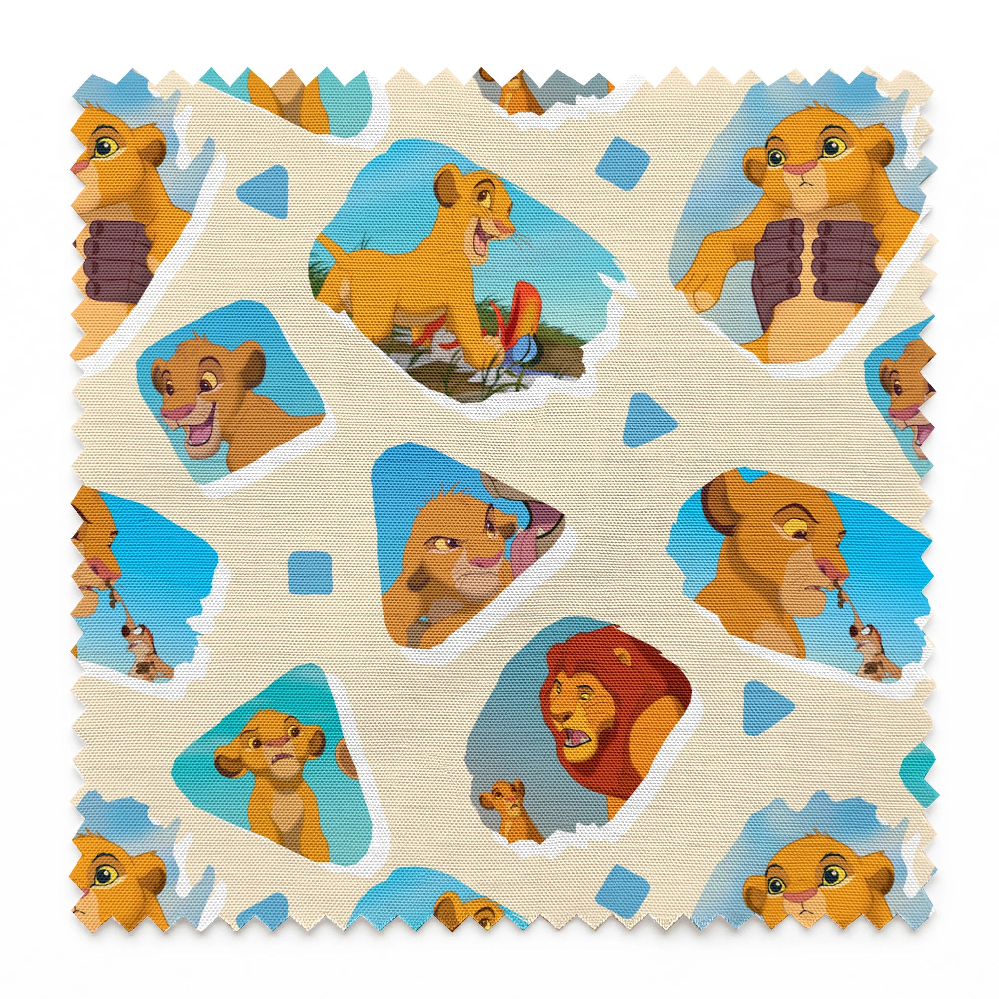Young lion cub characters from The Lion King in a repeating pattern on cream background springs swatch pinked