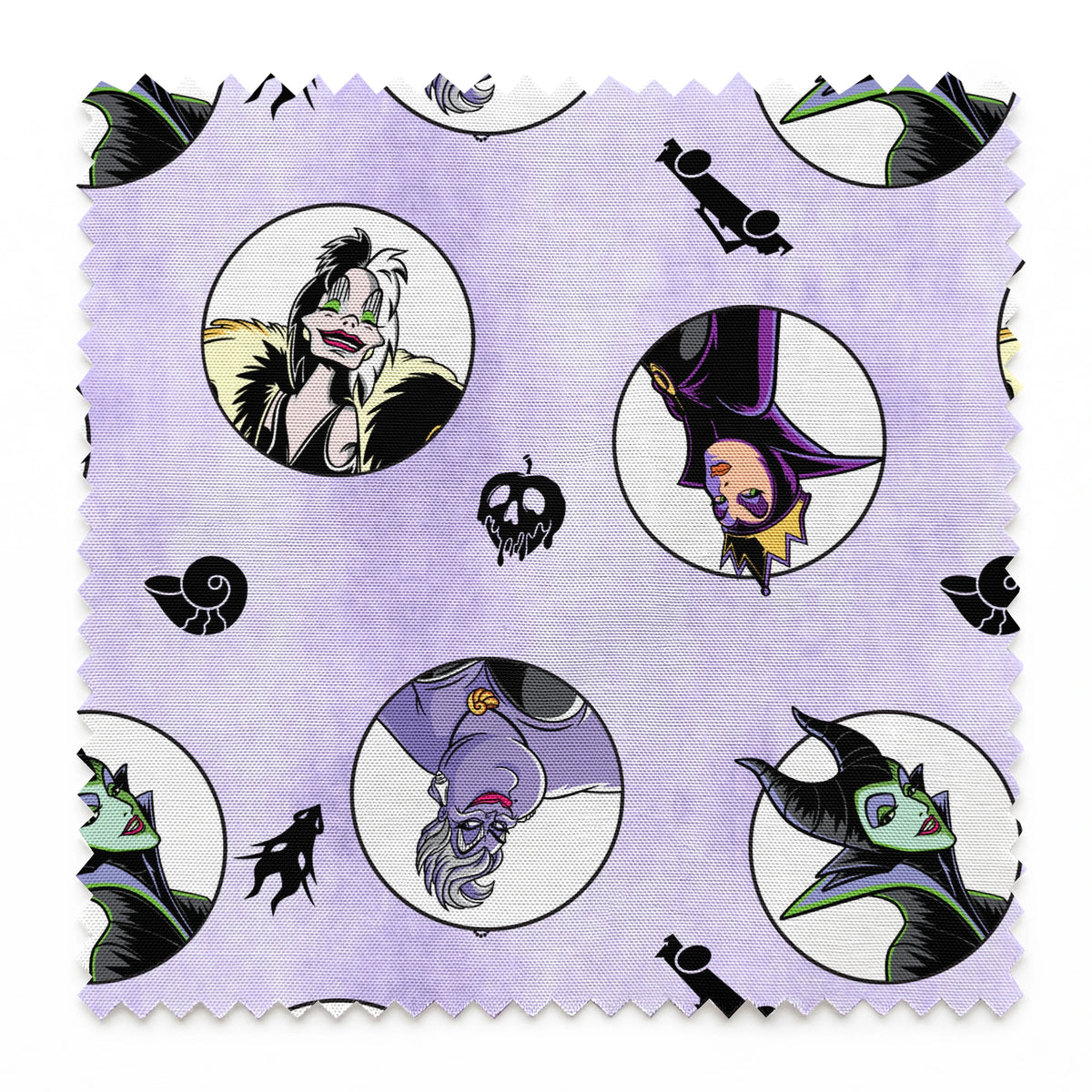 Disney villains pattern with circular character portraits on lavender background with black silhouettes of iconic symbols springs swatch pinked