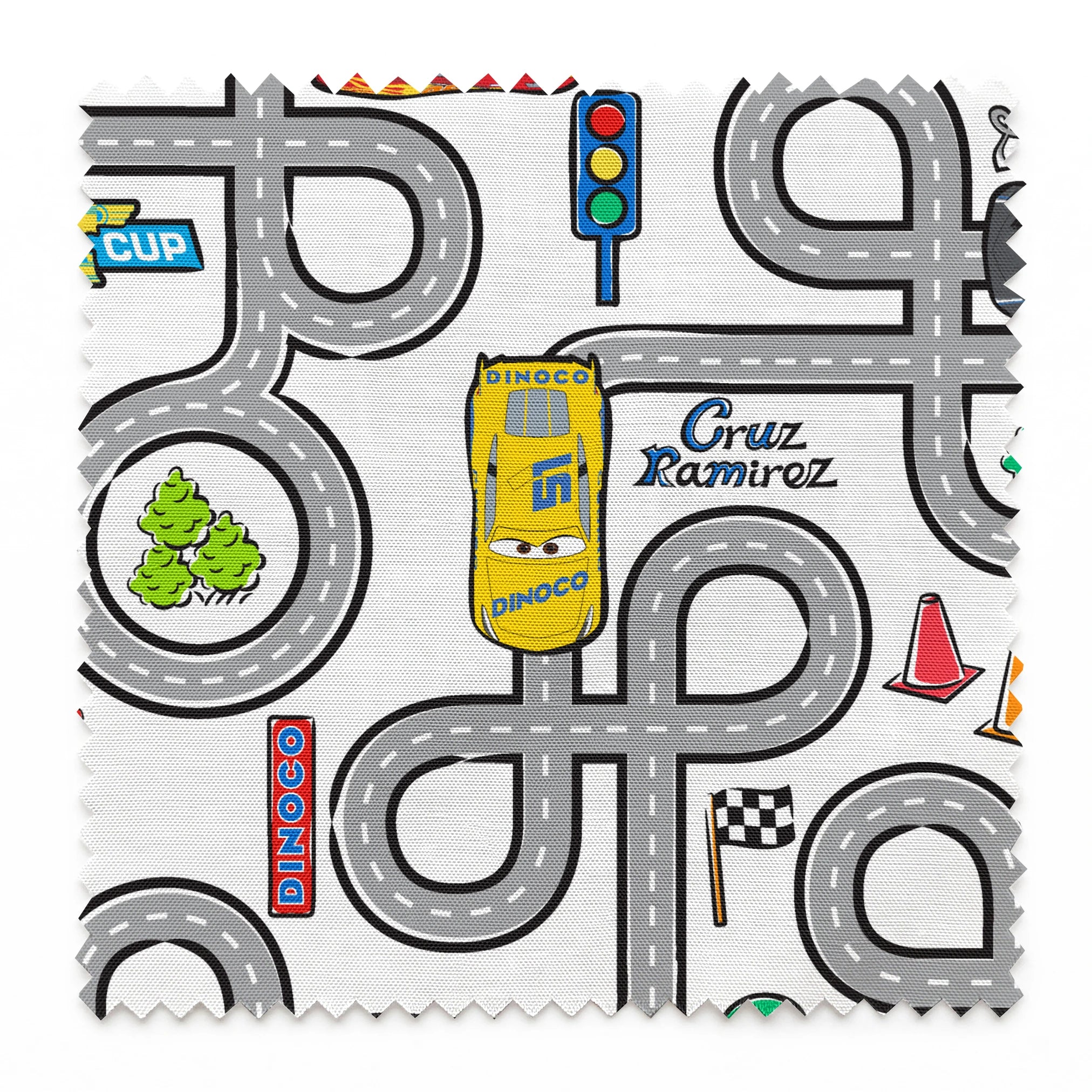 Cartoon road map with cars, traffic signs, and "Cruz Ramirez" label on winding gray streets springs swatch pinked