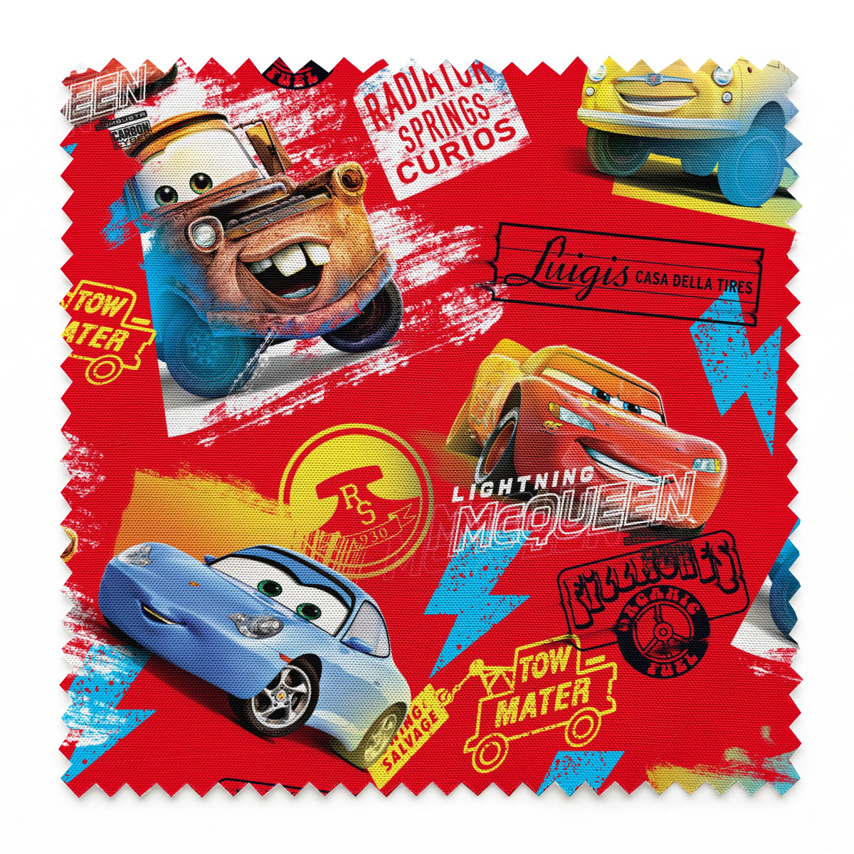 Colorful Cars movie characters pattern featuring Lightning McQueen and Mater on red background with logos springs swatch pinked