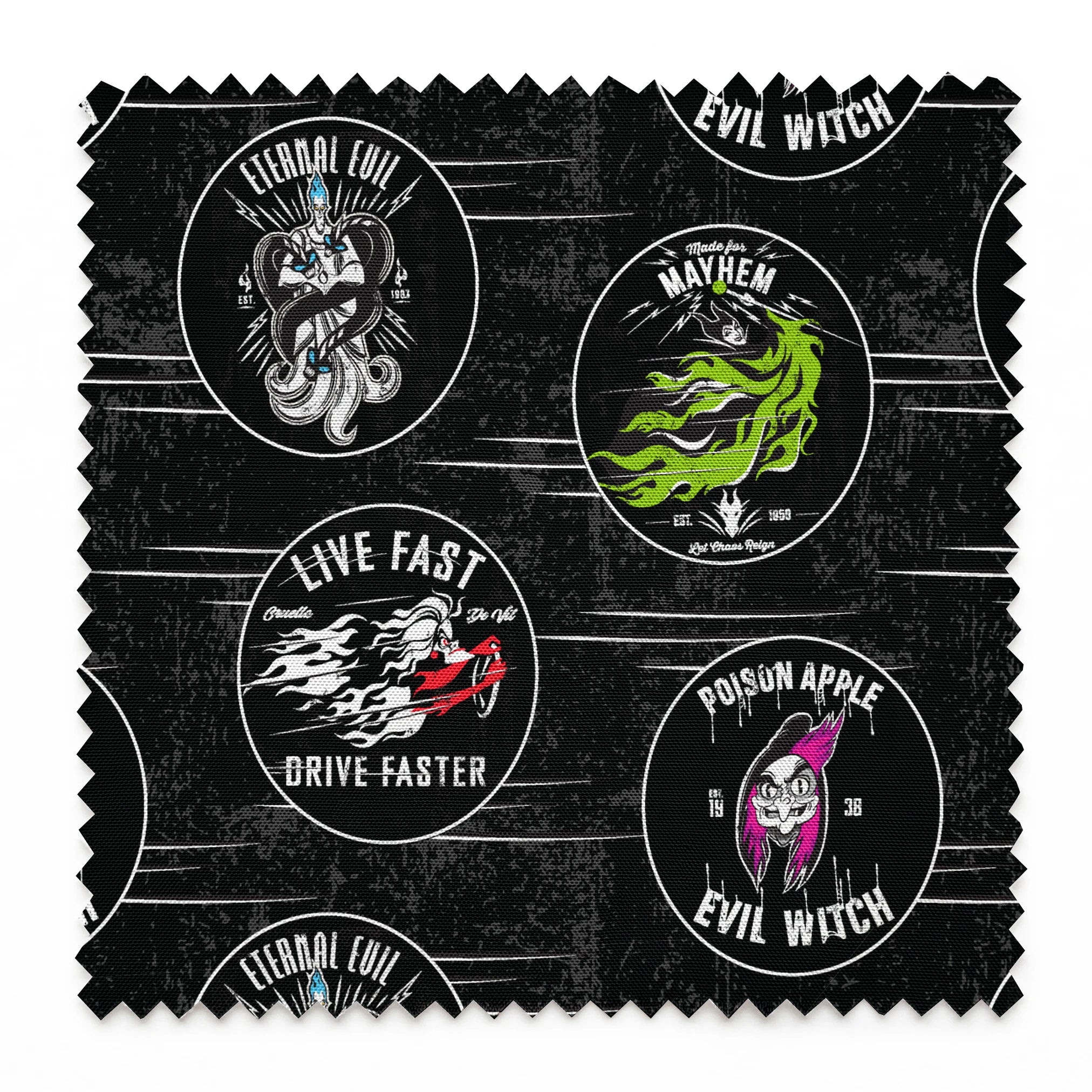 Punk-style Disney Villain circular badges including "Eternal Evil," "Live Fast Drive Faster," and green "Mayhem" designs on black background springs swatch pinked