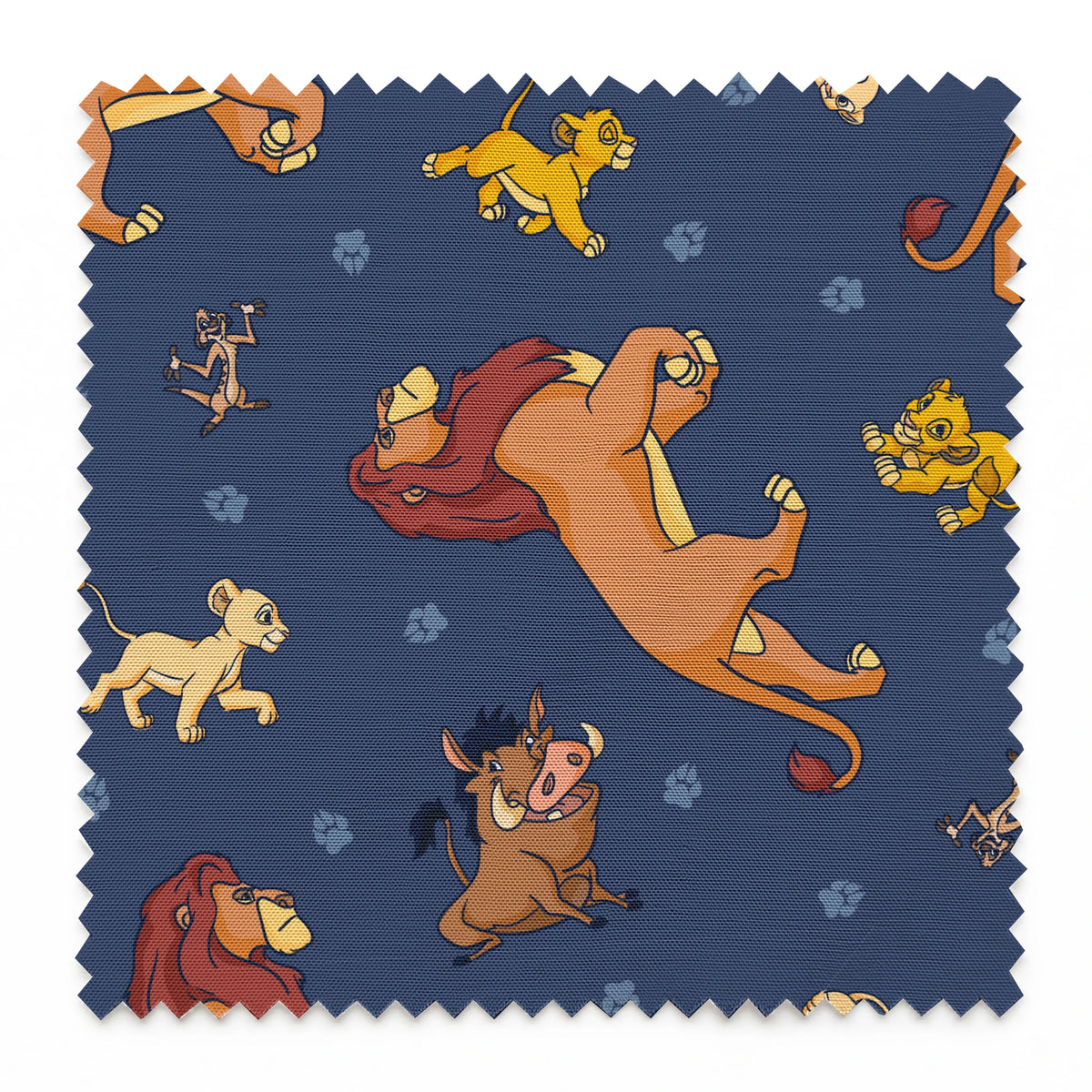 Colorful cartoon lions and characters from The Lion King scattered on dark blue background with paw prints springs swatch pinked