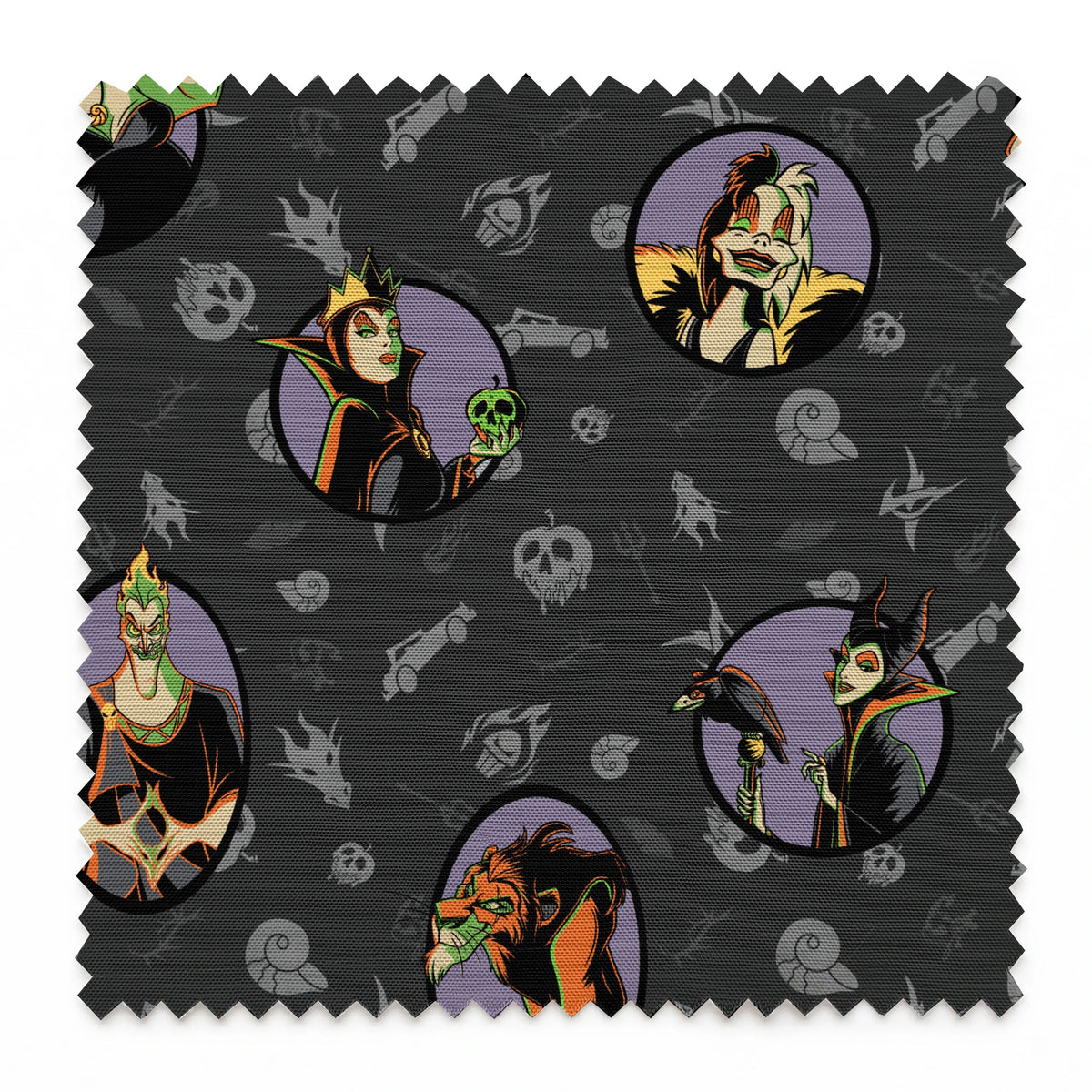 Cartoon Disney villains in purple circles on dark gray background with villain-themed icons springs swatch pinked