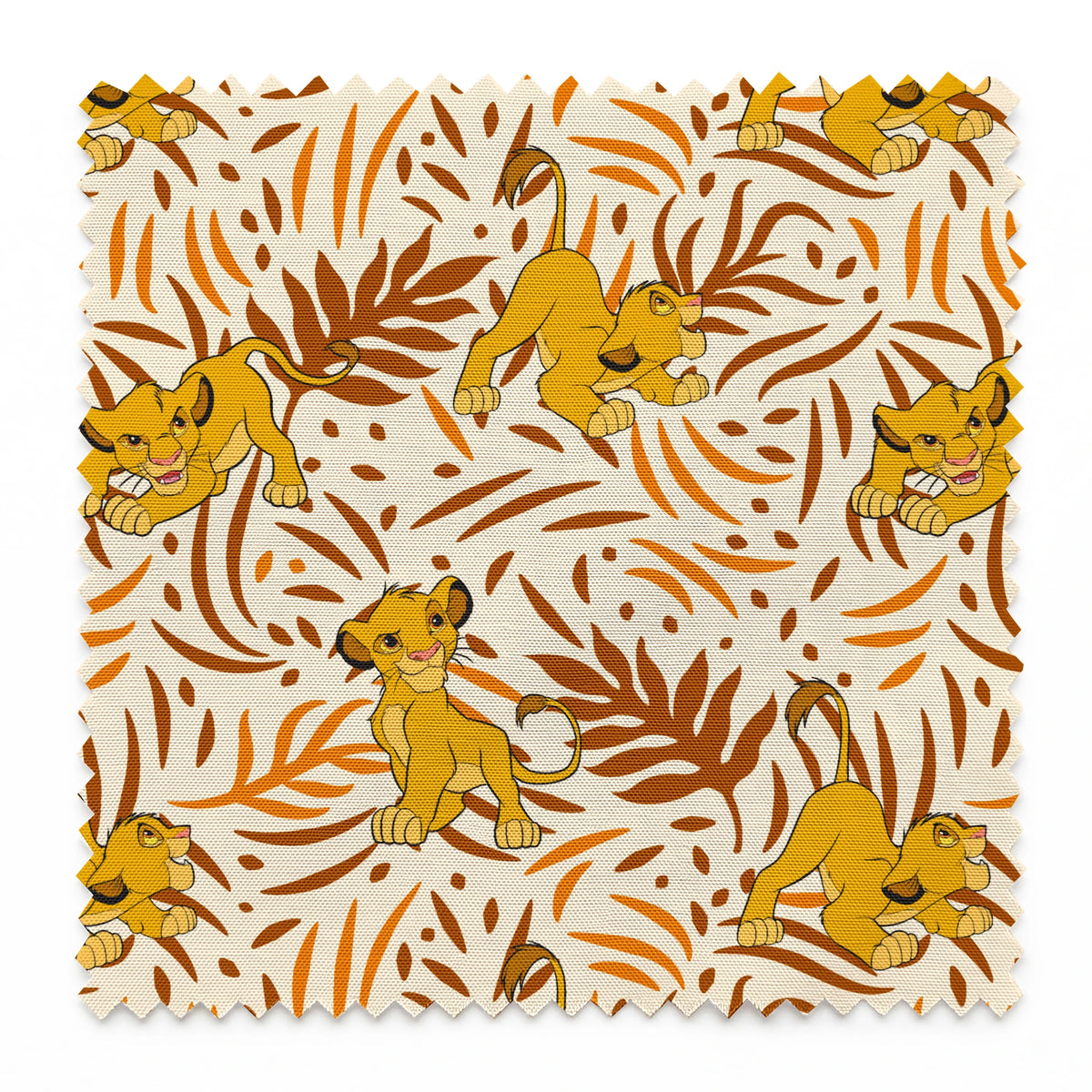 Cartoon lion cubs playing among stylized brown palm leaf pattern on cream background springs swatch pinked