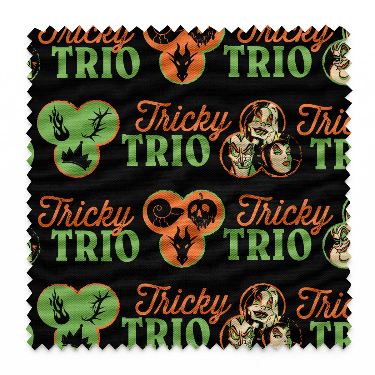 Disney Halloween pattern with "Tricky TRIO" text in orange and green, featuring Disney Villains, pumpkins, and ghostly designs on black background springs swatch pinked