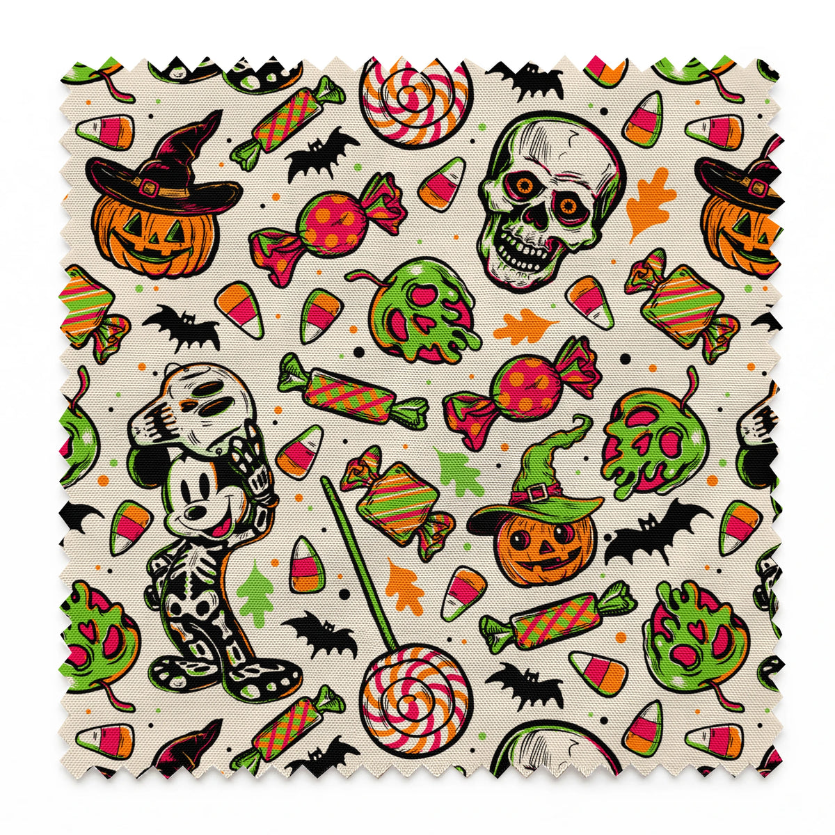 Halloween pattern with skulls, pumpkins, candy corn, wrapped candies, lollipops, bats, and autumn leaves on cream background springs swatch pinked