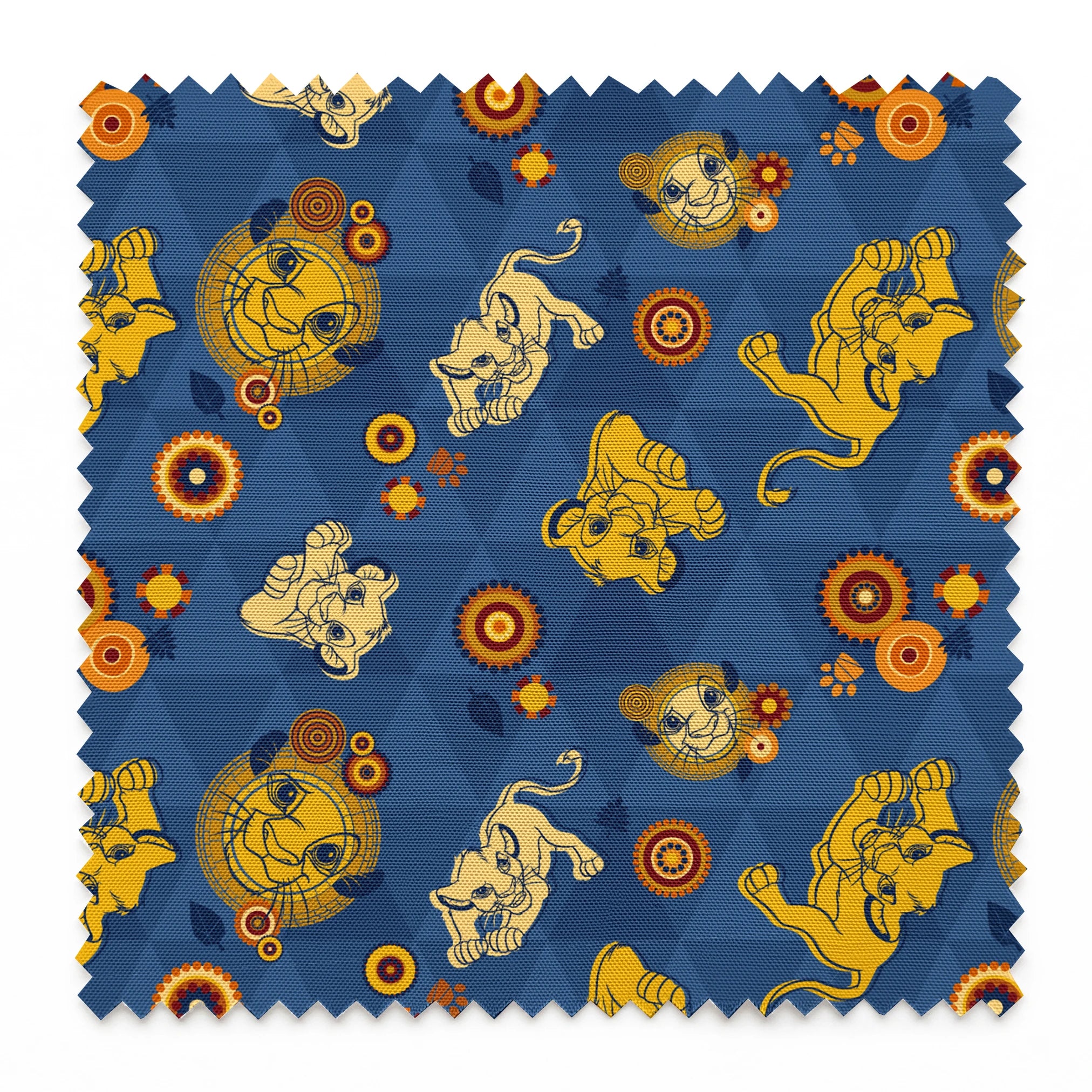 Geometric pattern with yellow lion figures and circular designs on blue triangular background springs swatch pinked