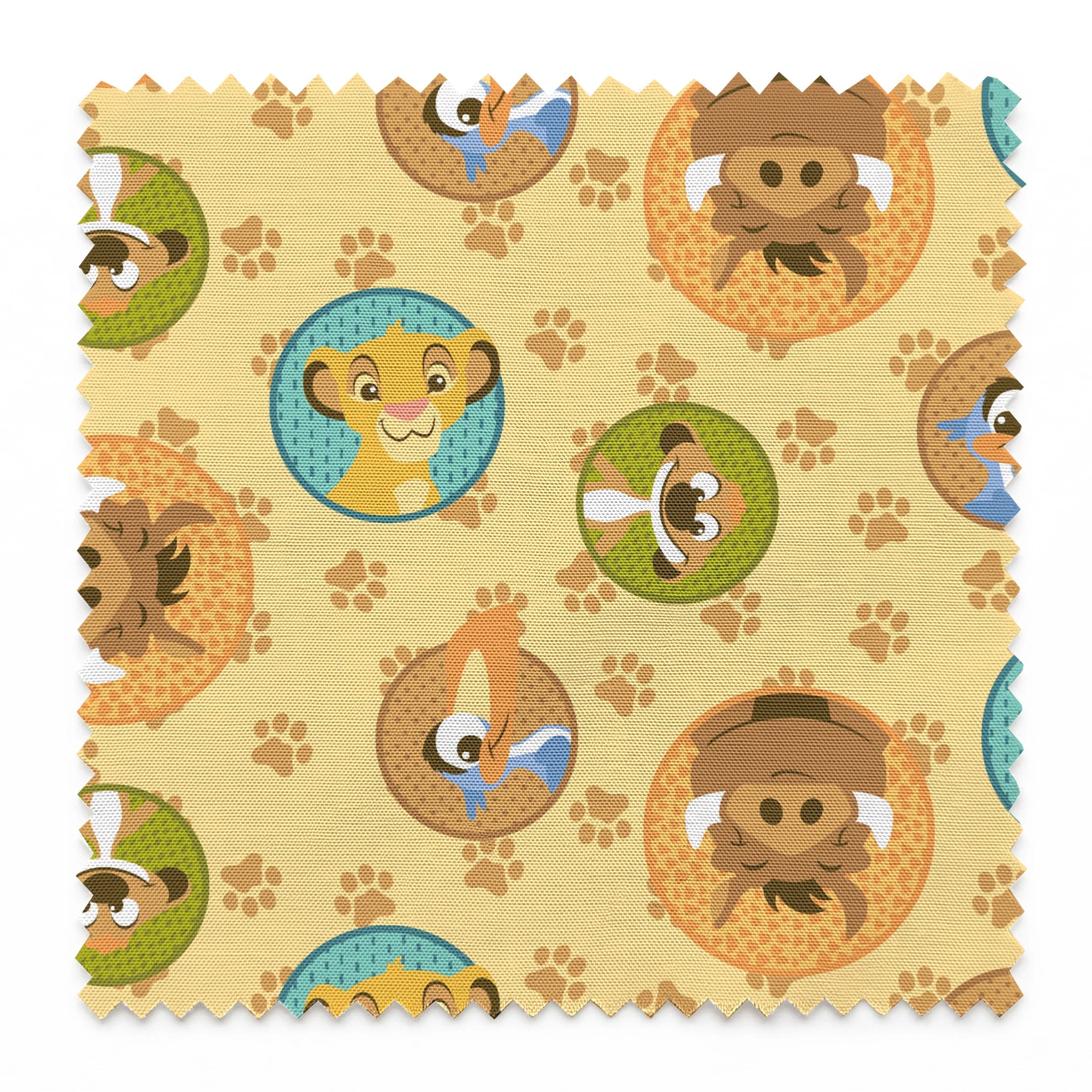 Cartoon animal faces in circular frames on beige background with paw prints - lion, monkey, dog, bird springs swatch pinked