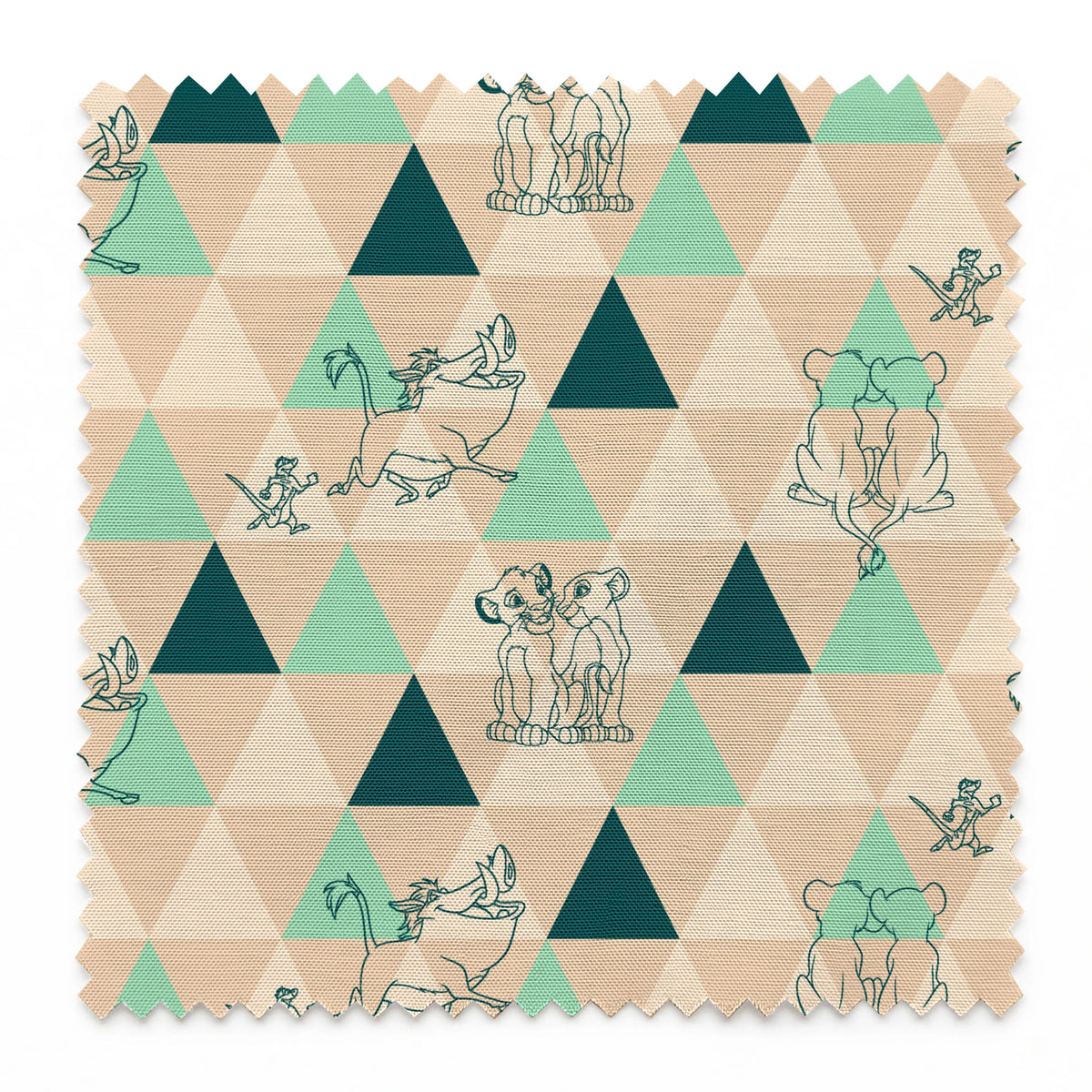 Geometric triangle pattern with stylized animal illustrations in teal and beige, featuring dogs, elephants, and other creatures. springs swatch pinked