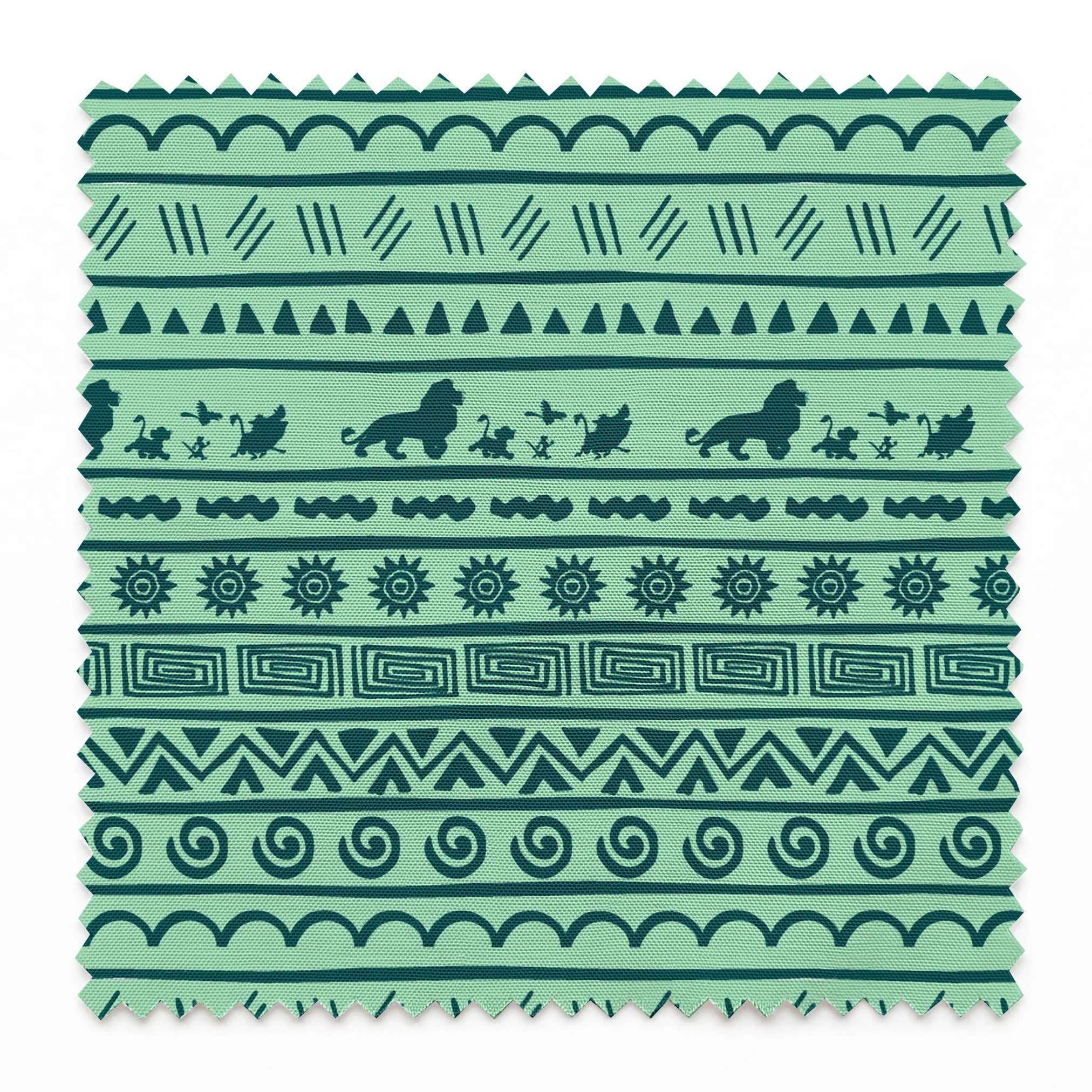 Traditional African-inspired pattern in dark teal on mint green with lions, spirals, triangles, and geometric motifs springs swatch pinked
